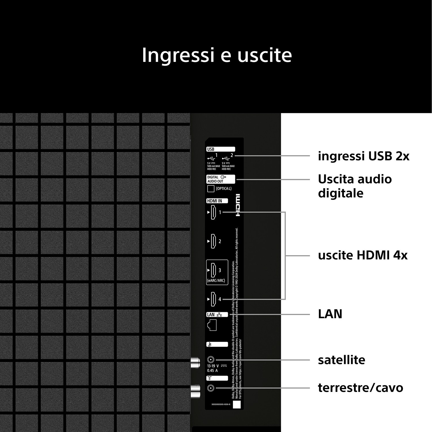 Retro di un TV con connessioni: 2x USB, Uscita audio digitale, 4x HDMI, LAN, satellite, antenna.