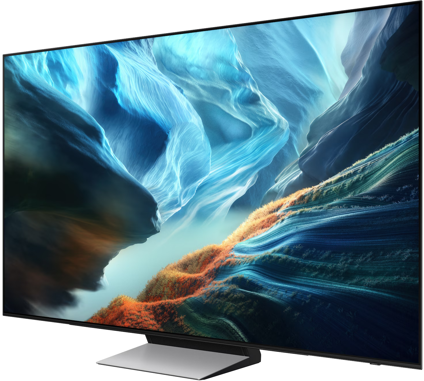 Egy modern TV kék és zöld hullámokkal díszített absztrakt tájképet jelenít meg.