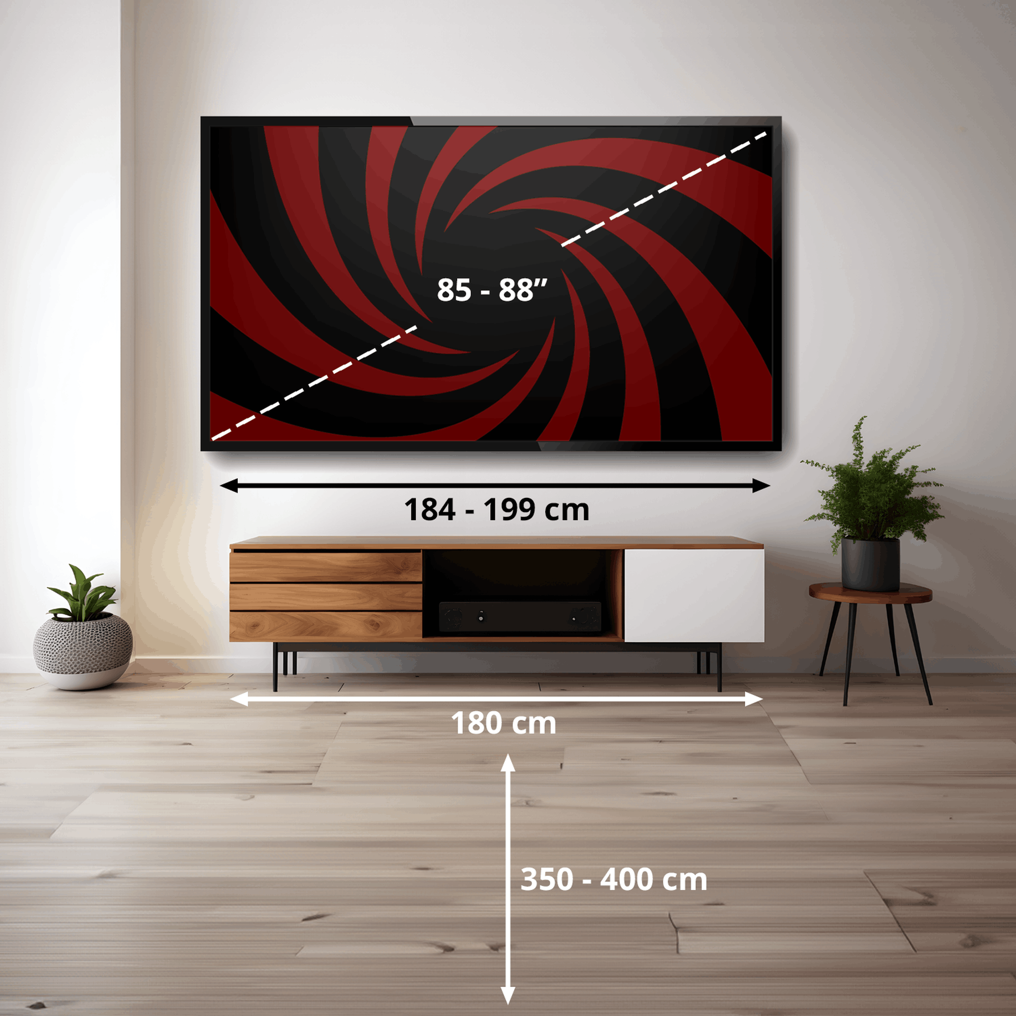 Un televisor grande de 85-88 pulgadas sobre un mueble de TV de madera. Se indican dimensiones.