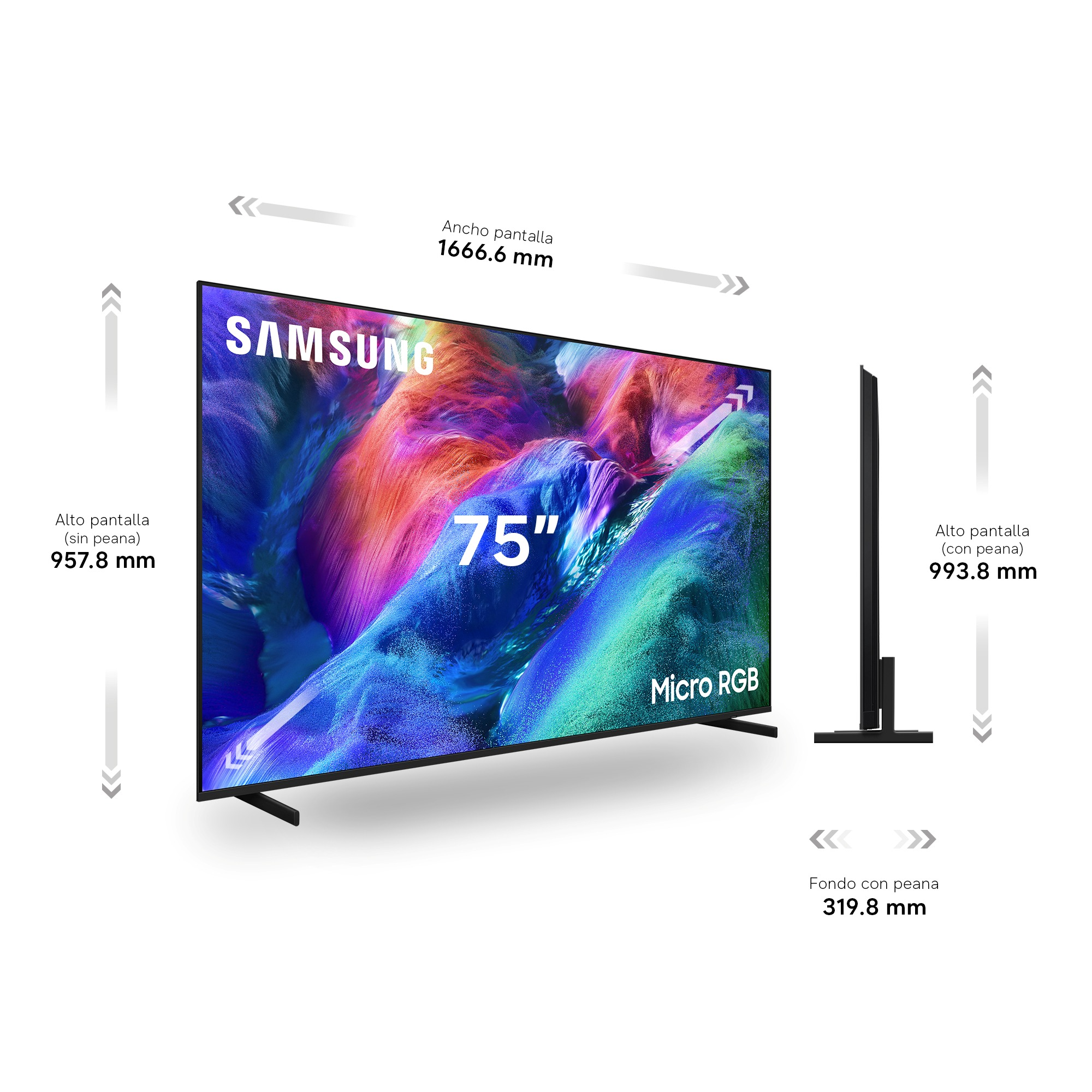 Un televisor Samsung de 75 pulgadas con tecnología Micro RGB y dimensiones.