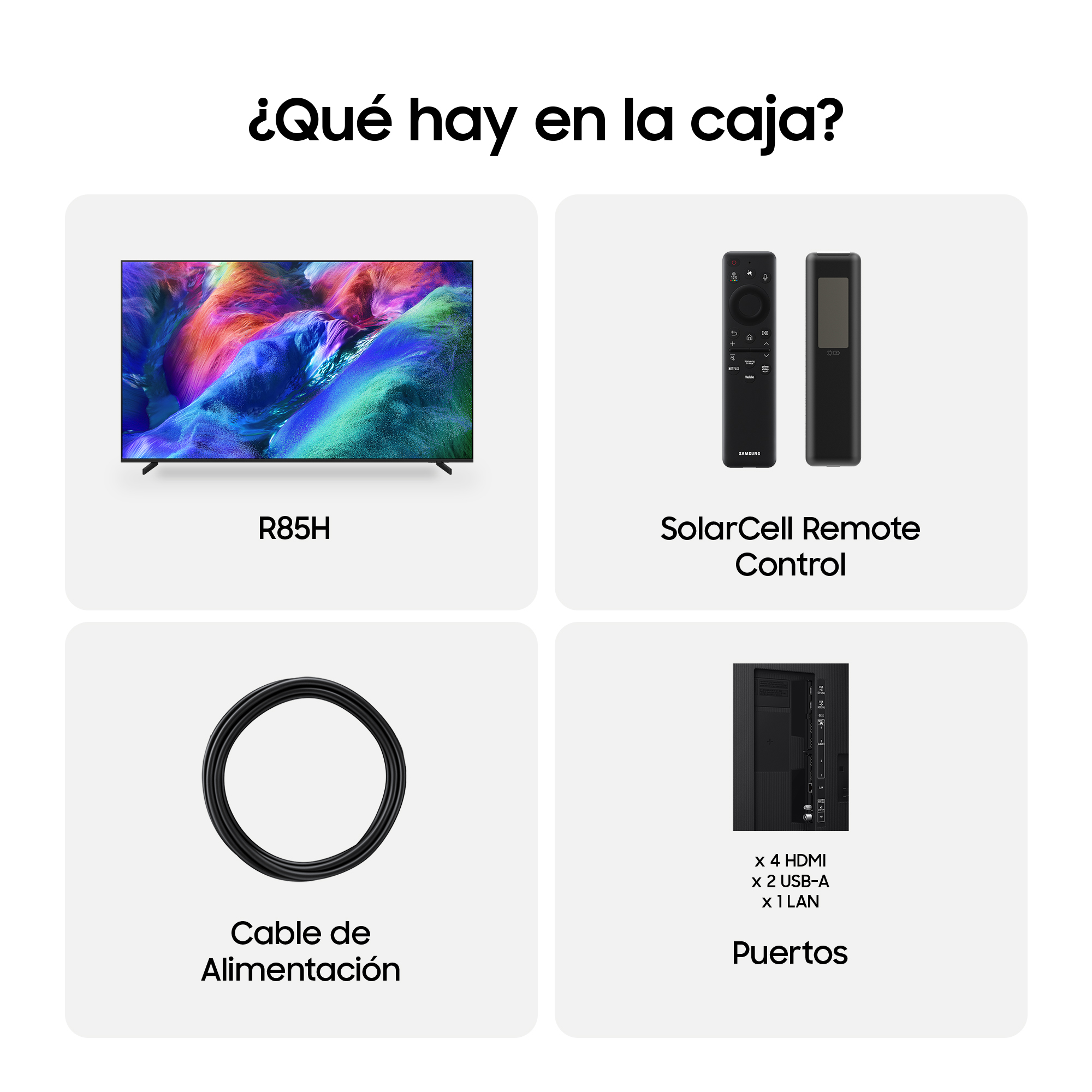 Un televisor, dos controles, un cable de alimentación y puertos.