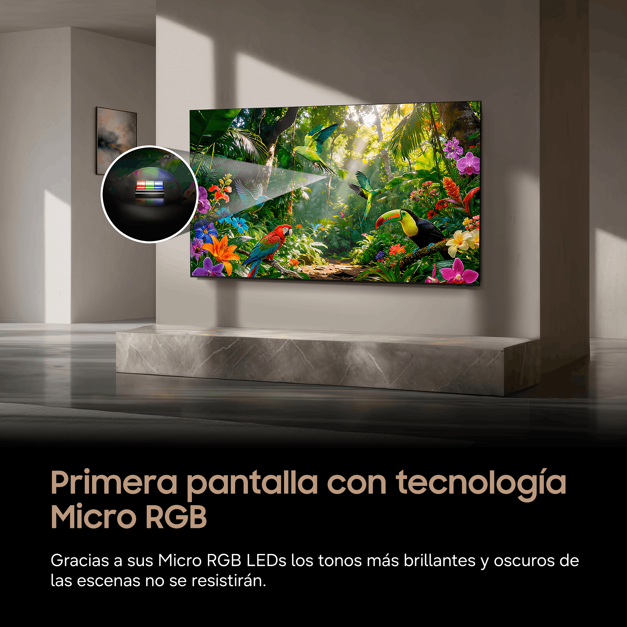 Un televisor muestra una escena de selva, con un primer plano de LEDs Micro RGB.