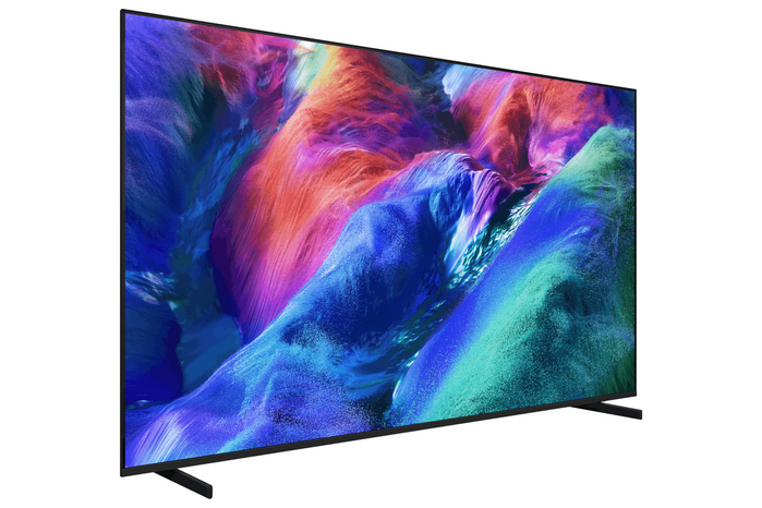 Un televisor moderno que muestra una imagen abstracta y colorida en su pantalla.