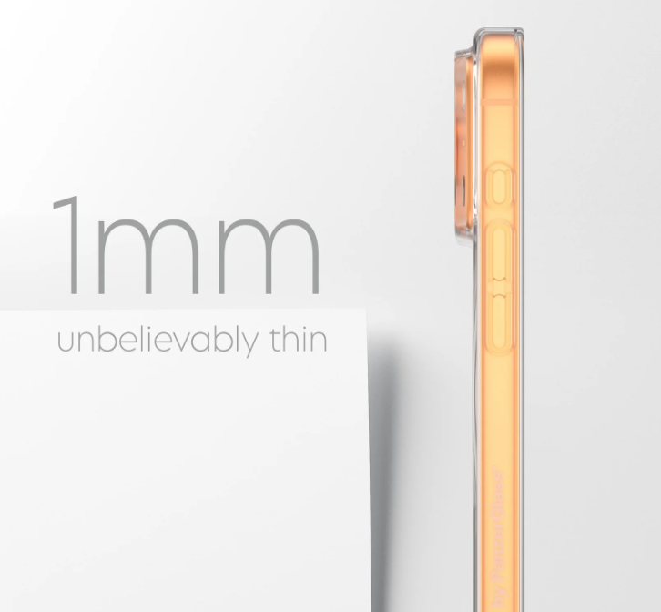 Seitenansicht einer orangen Handyhülle. Text lautet '1mm unglaublich dünn'.