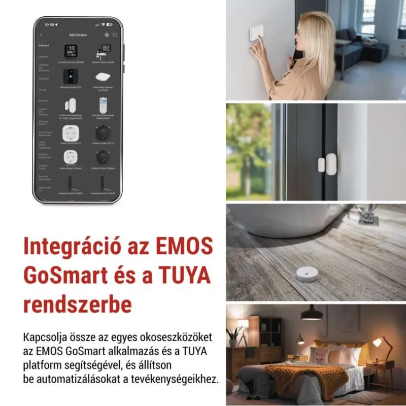 Okostelefon-alkalmazás okoseszközöket mutat. Nő érint falipanelt. Ajtóérzékelő. Kerek eszköz fa padlón. Hálószoba ággyal és lámpával.