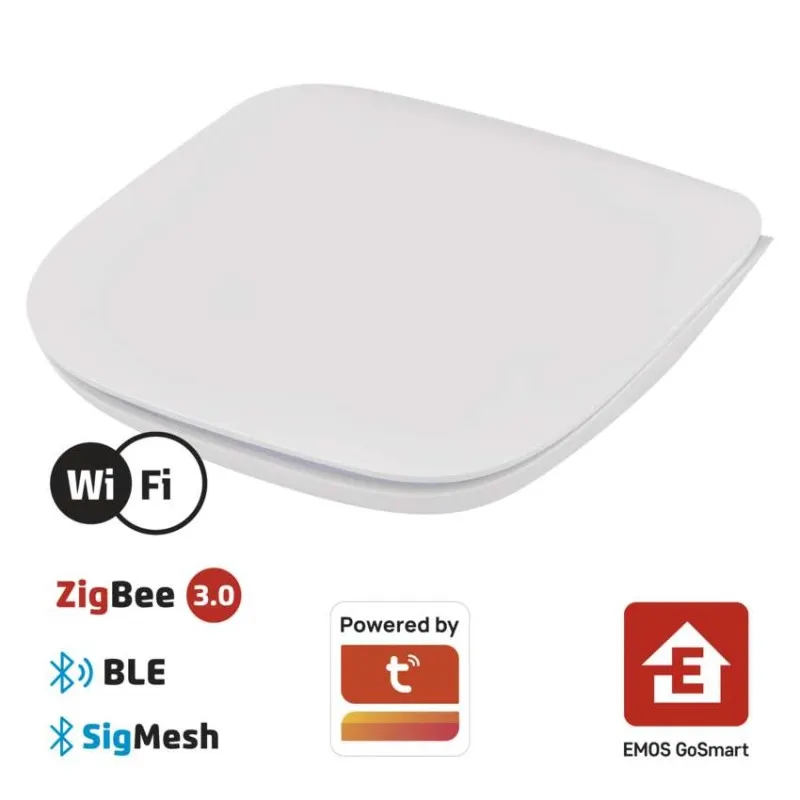 Egy fehér, lapos eszköz Wi-Fi, ZigBee 3.0, BLE és SigMesh ikonokkal.