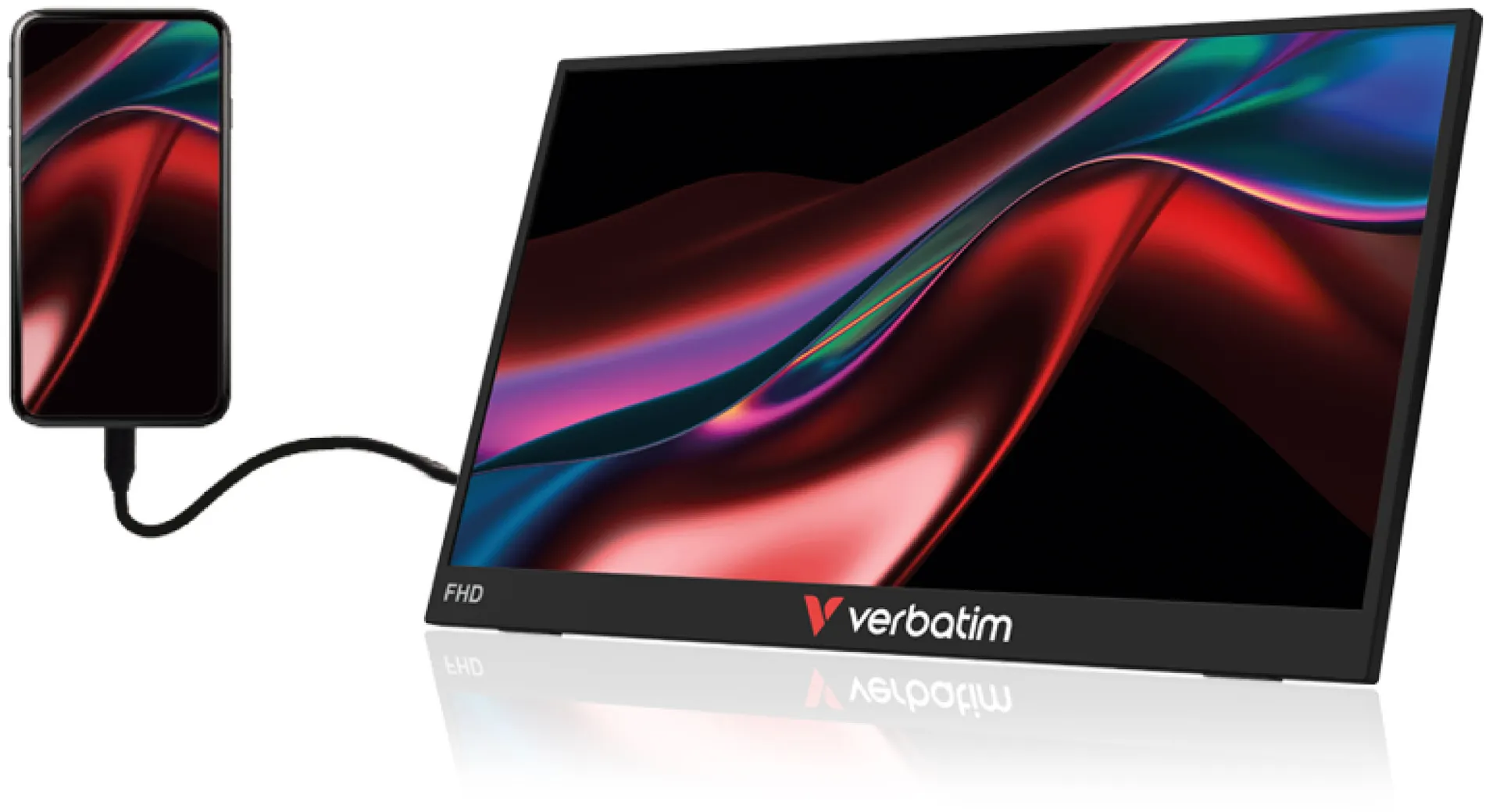 Uno smartphone è collegato via cavo a un monitor portatile Verbatim che visualizza arte astratta.