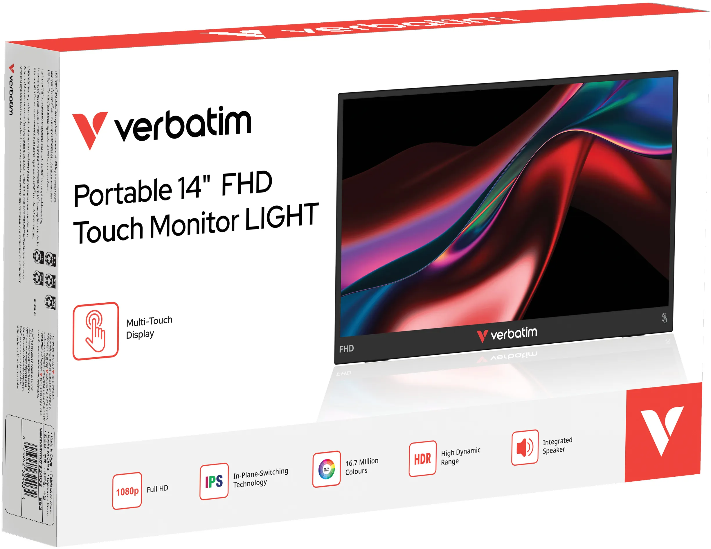 Monitor portatile Verbatim FHD da 14" TOUCH LIGHT con arte astratta sullo sfondo.