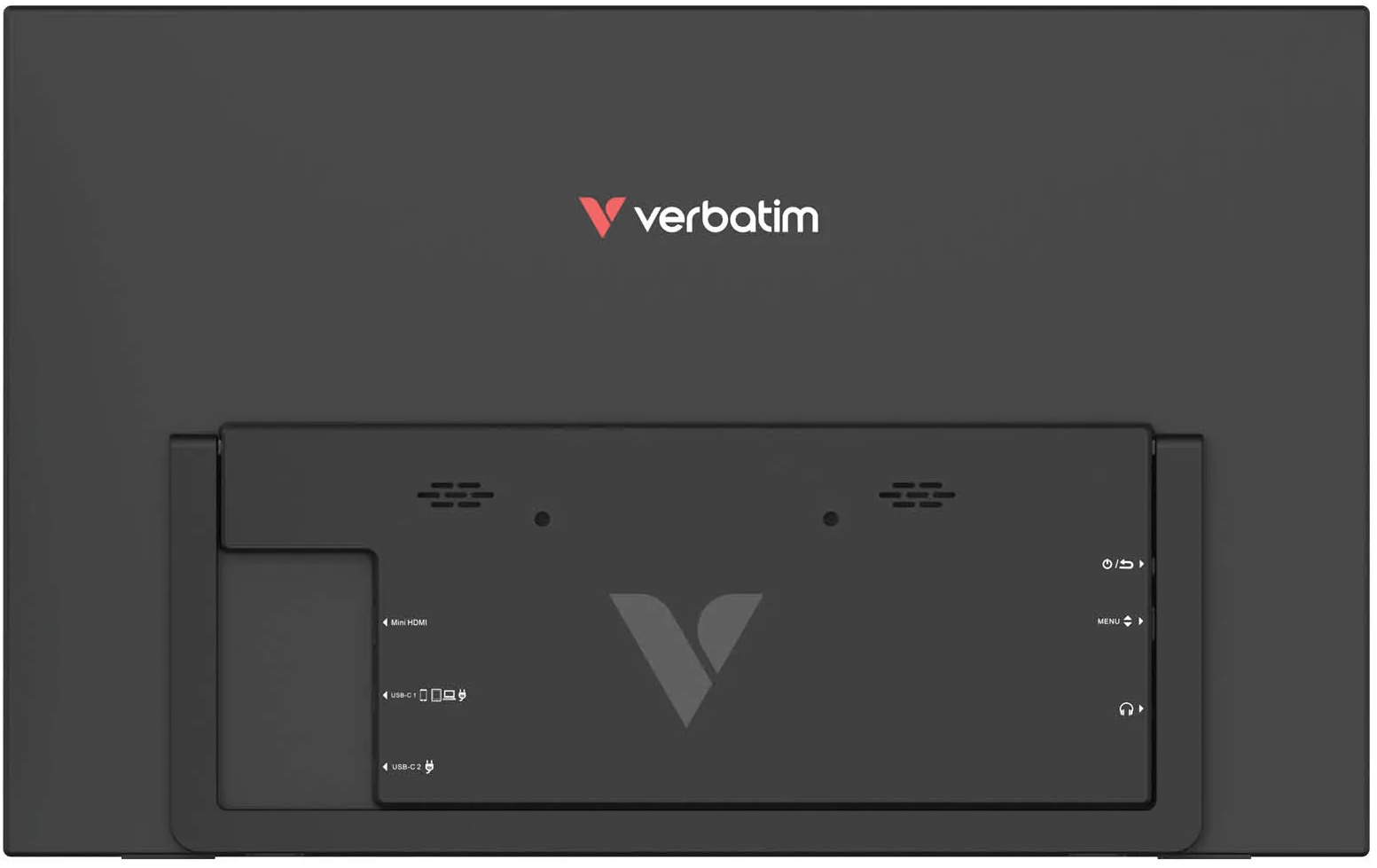 Retro di un monitor con logo Verbatim e porte come Mini HDMI e USB-C.