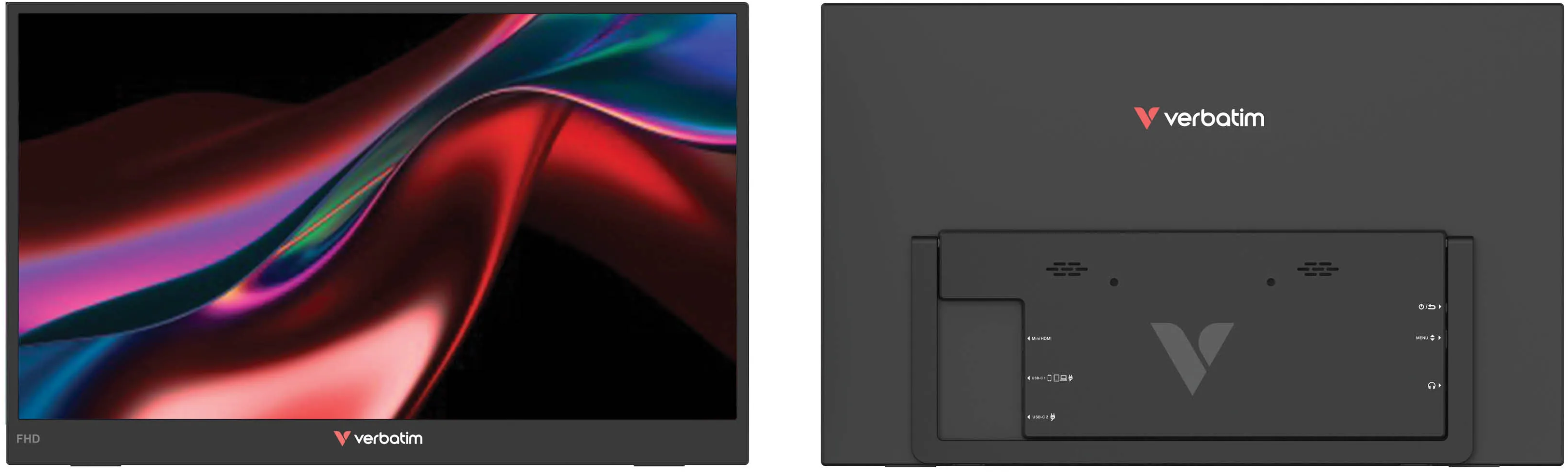 Un monitor con uno sfondo astratto e colorato e porte sul retro.
