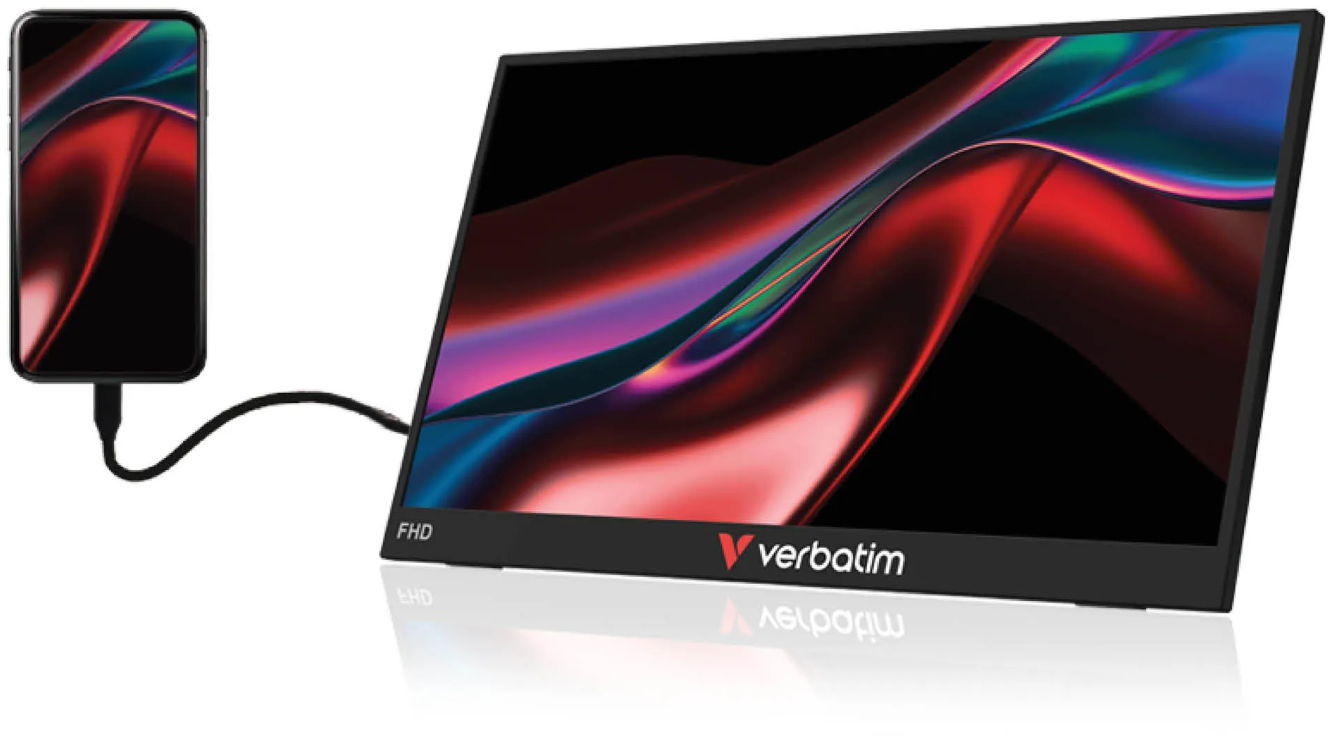 Uno smartphone è collegato a un monitor esterno. Grafica astratta su entrambi gli schermi.