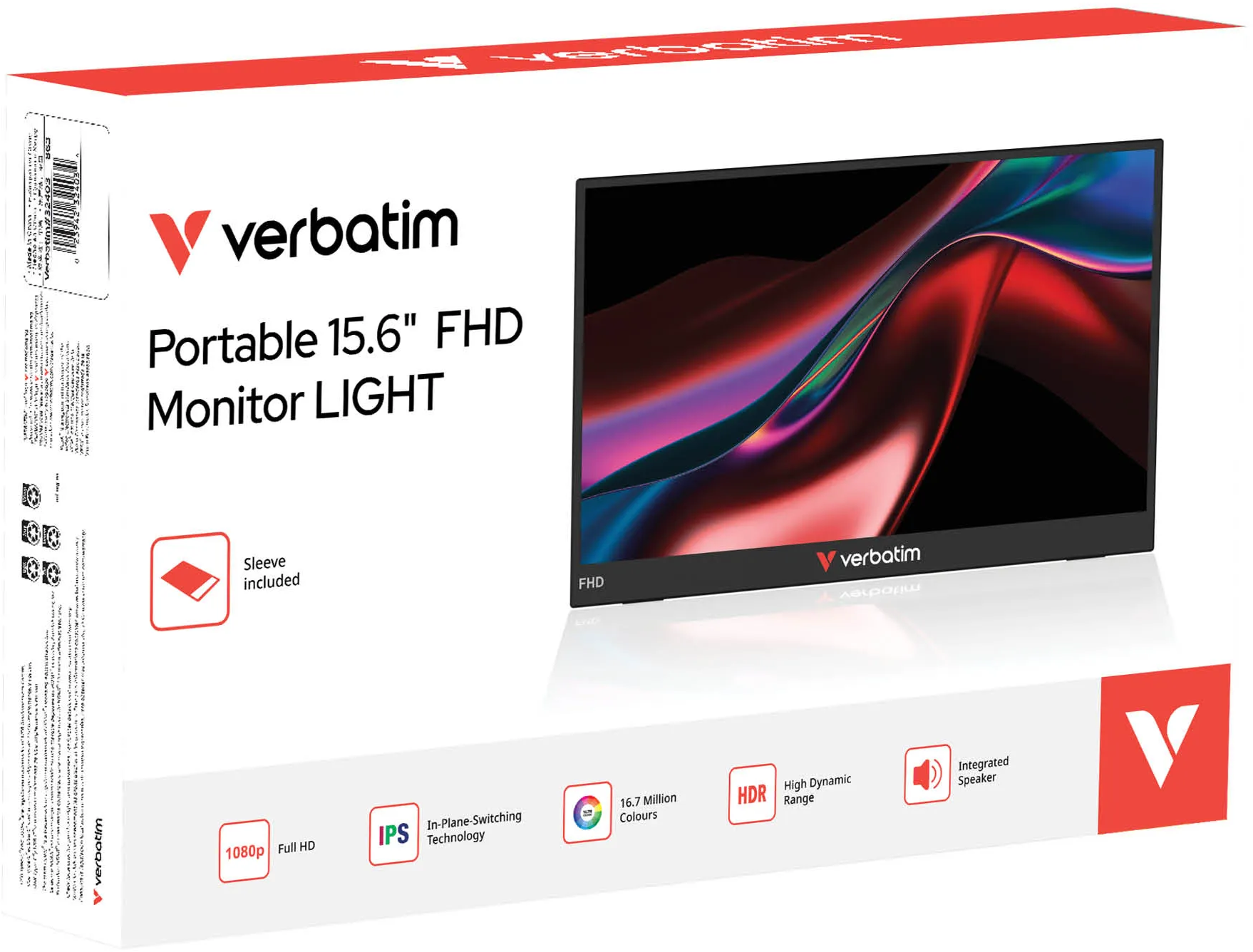 Scatola monitor portatile Verbatim 15,6" FHD. Include custodia, 1080p, IPS, HDR.