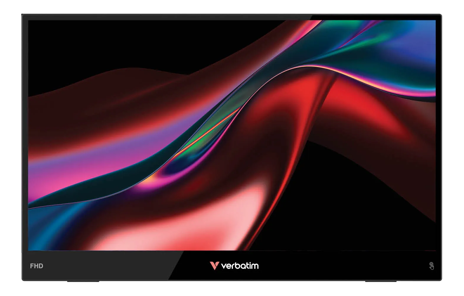 Un monitor nero con uno sfondo astratto e colorato di forme fluide.