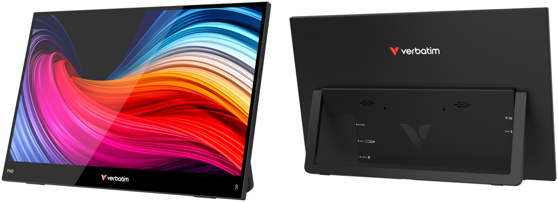 Un monitor portatile Verbatim nero è mostrato frontalmente e posteriormente. La parte anteriore mostra un motivo astratto a onde colorate. Il retro mostra porte e il logo Verbatim.