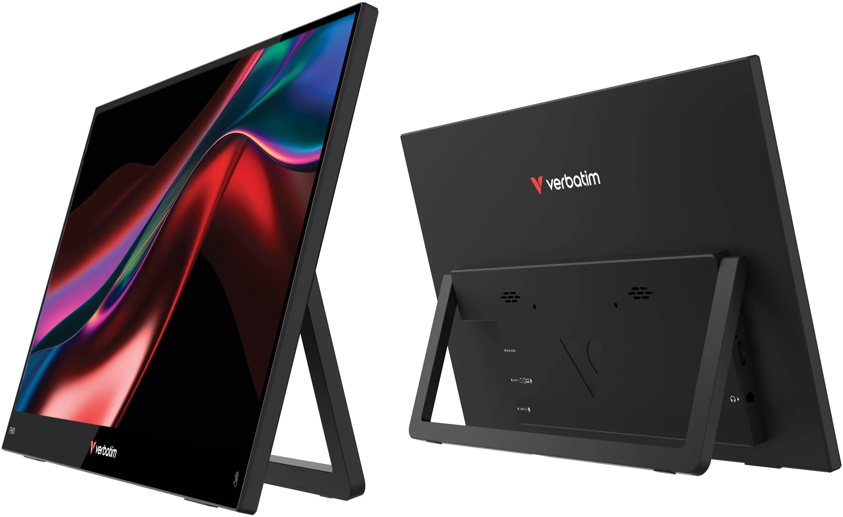 Due viste di un monitor portatile nero con logo Verbatim. La parte anteriore mostra uno sfondo colorato, il retro le porte.