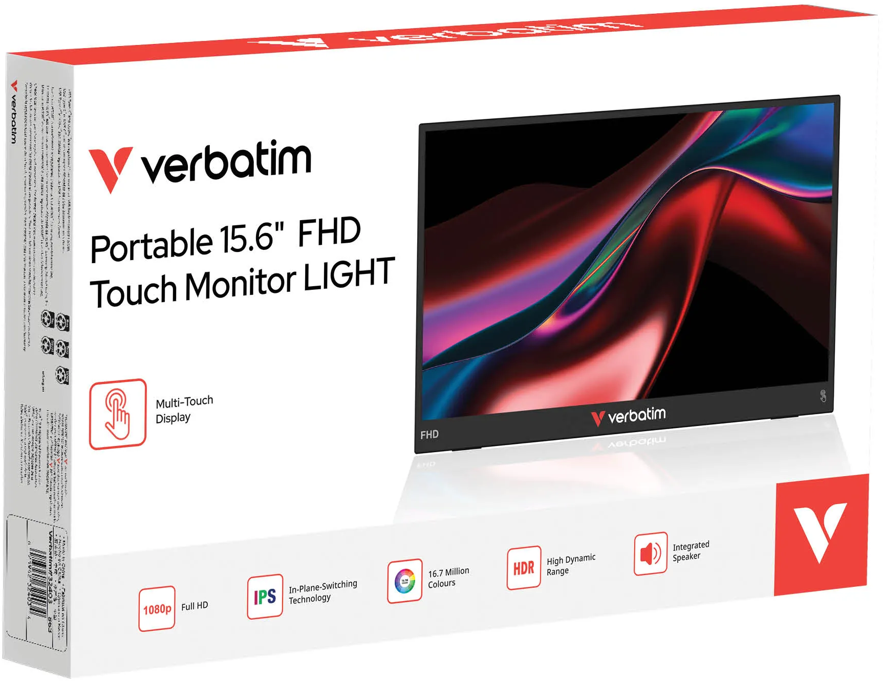 Monitor touch Verbatim 15,6" FHD LIGHT su confezione bianca con accenti rossi.