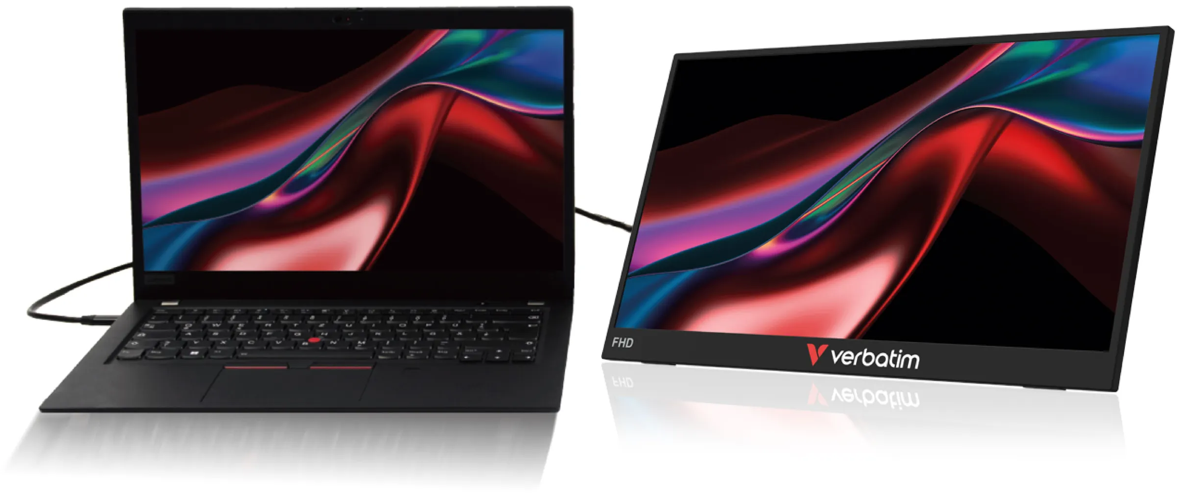 Un laptop nero e un monitor portatile con sfondo astratto.
