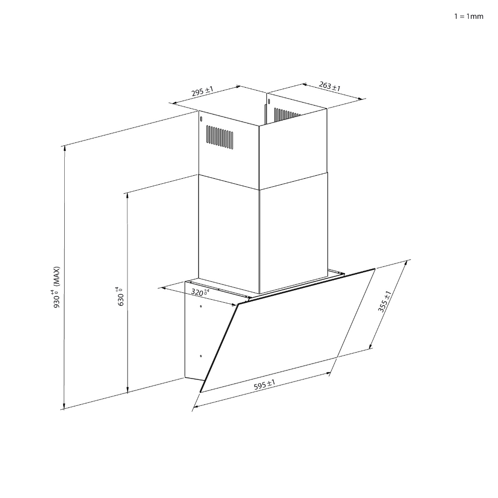 Dibujo técnico de una campana extractora con dimensiones.