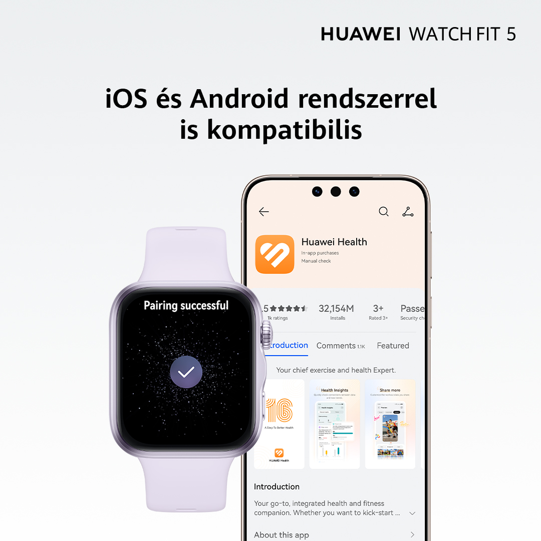 Huawei Watch Fit 5 sikeres párosítást mutat lila szíjjal. Telefonon Huawei Health app látható.