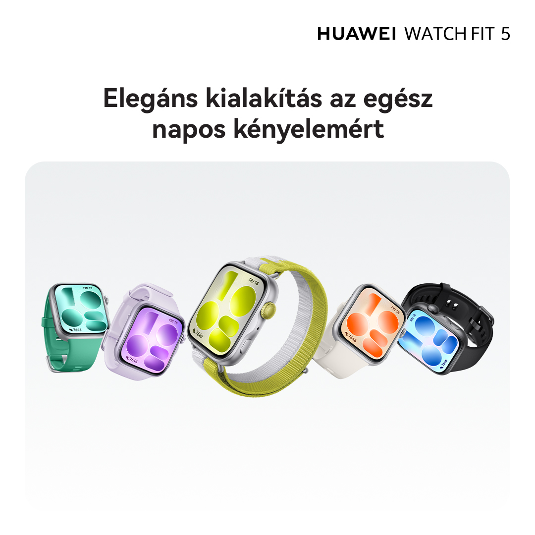 Öt Huawei Watch Fit 5 okosóra fekszik egymás mellett, különböző színekben.