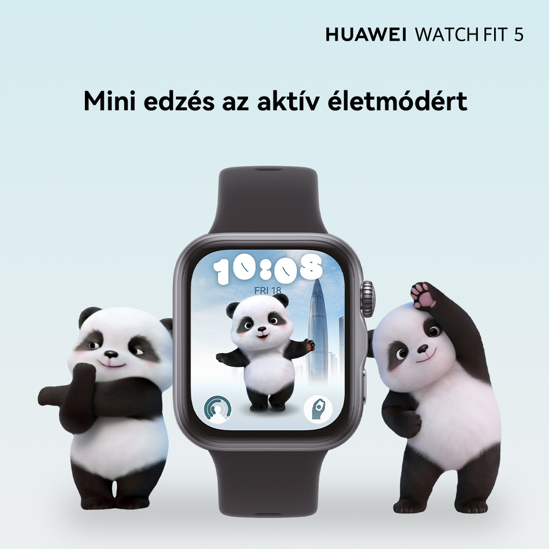 Szürke okosóra pandamackókkal és városi háttérrel.