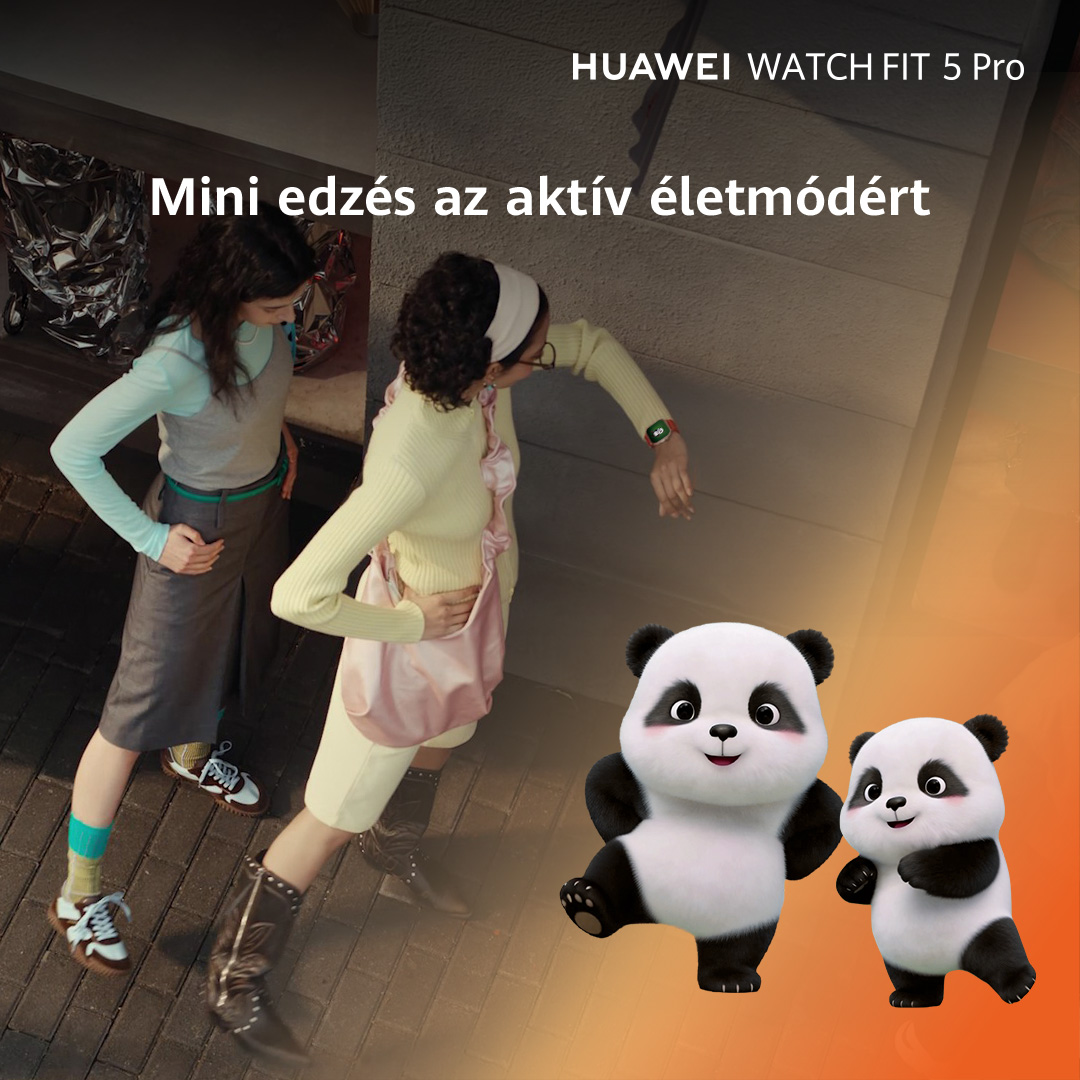 Két nő edz, két panda áll mellettük. Huawei Watch Fit 5 Pro.