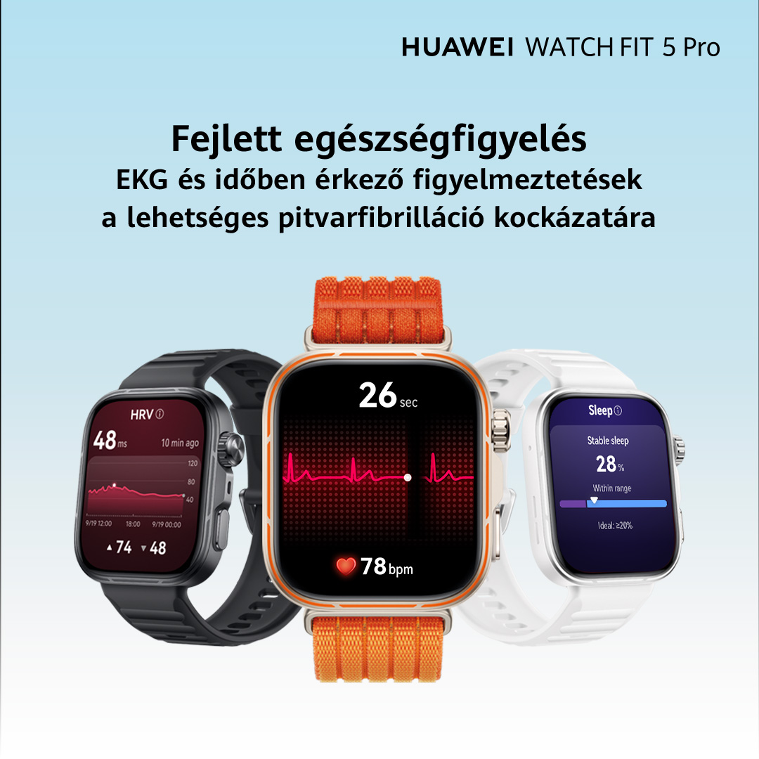 Három Huawei okosóra mutat EKG-t, HRV-t és alvási adatokat.