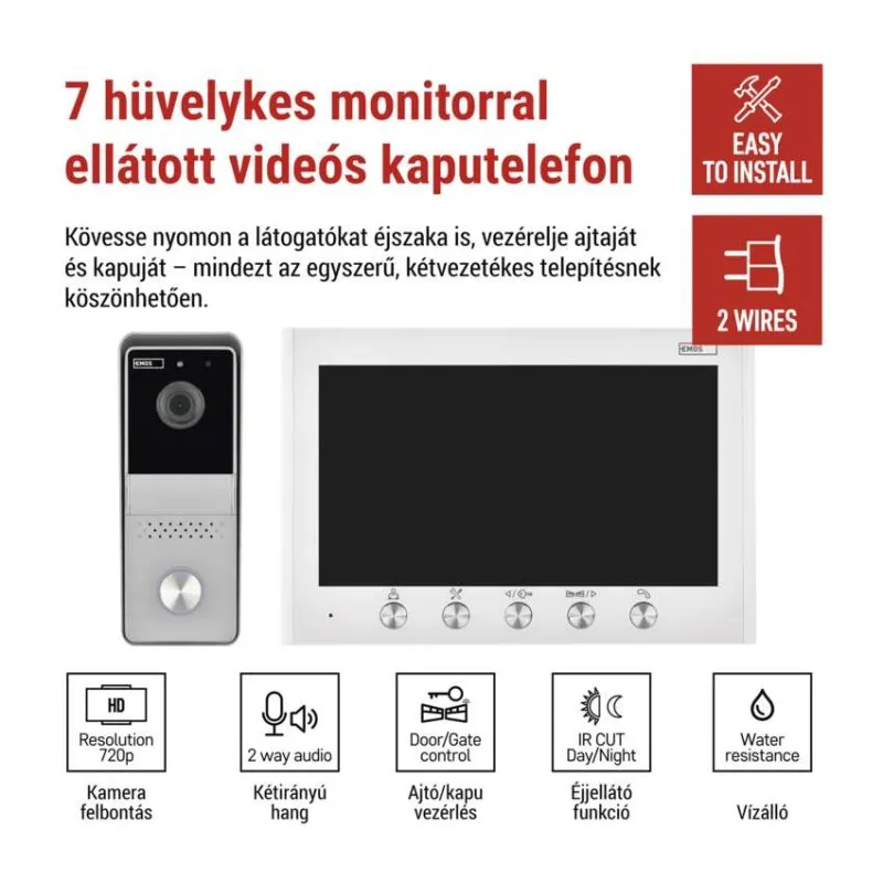 7 hüvelykes videó kaputelefon kamerával és monitorral, 720p HD, 2-irányú.