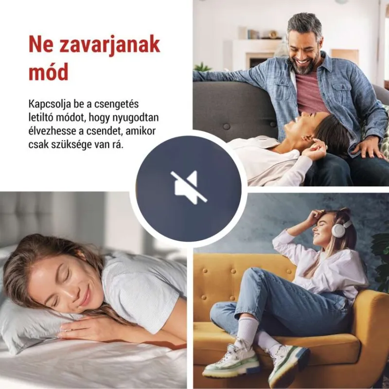 Férfi és nő kanapén, alvó nő, fejhallgatós nő, némítás ikon.