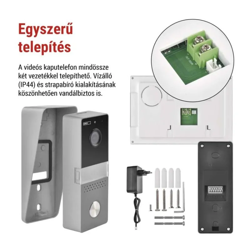 Videós kaputelefon készlet ezüst kültéri egységgel, tápegységgel, csavarokkal és szerelőlemezzel.