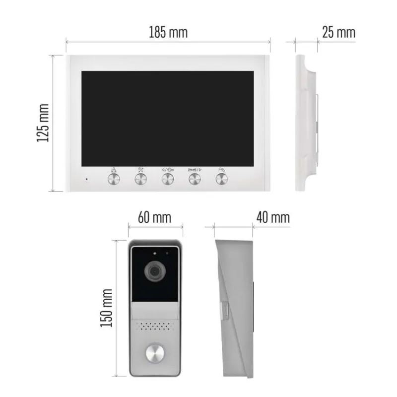 Egy fehér videó kaputelefon monitor (185x125x25mm) és egy ajtócsengő kamera (60x150x40mm).