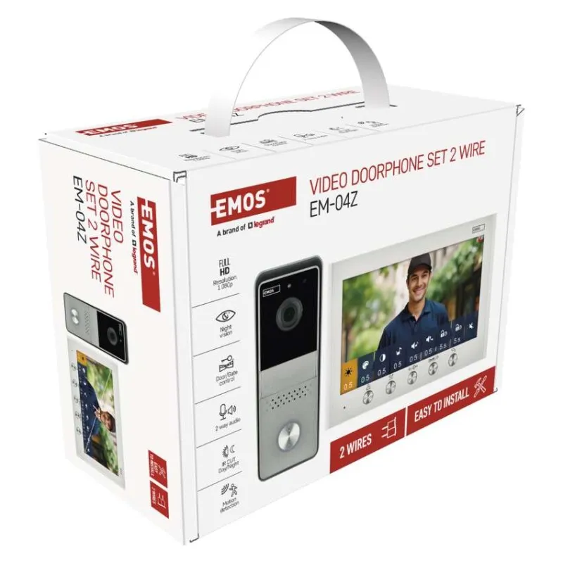 EMOS EM-04Z videó kaputelefon szett doboza, beltéri monitorral és kültéri egységgel.
