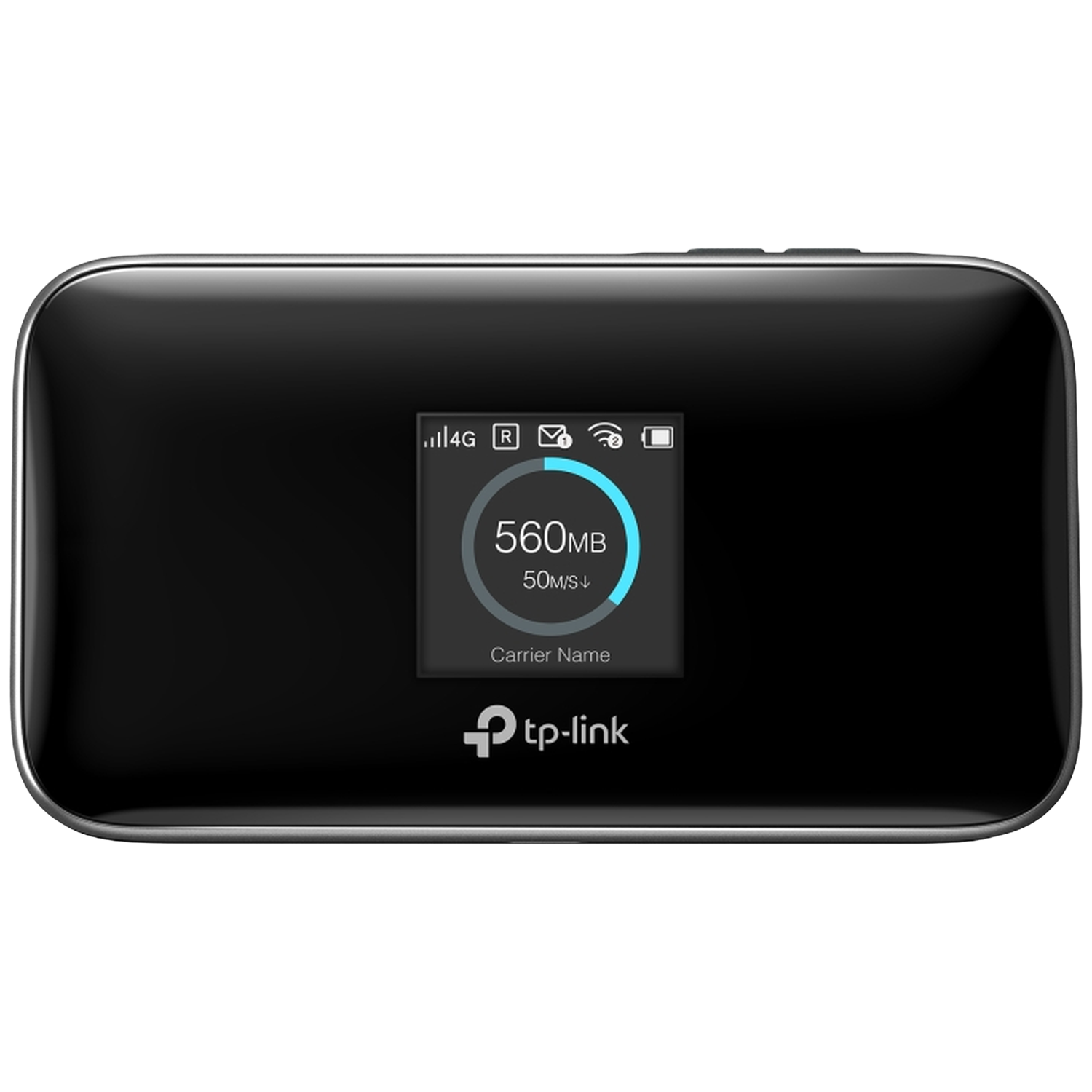 Zwarte TP-Link Wi-Fi router met klein scherm dat 560MB data toont.