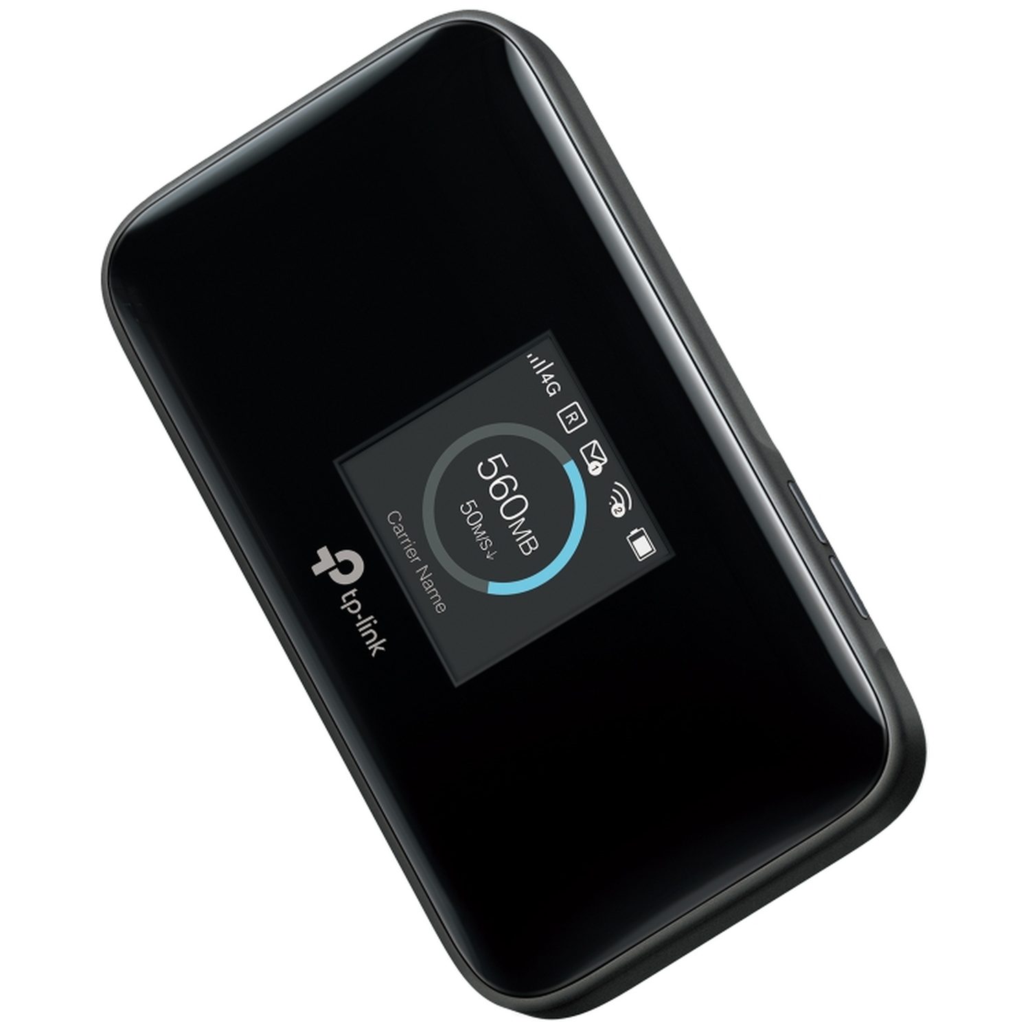 Een zwarte TP-Link mobiele WiFi-hotspot met een klein scherm waarop 560MB wordt weergegeven.