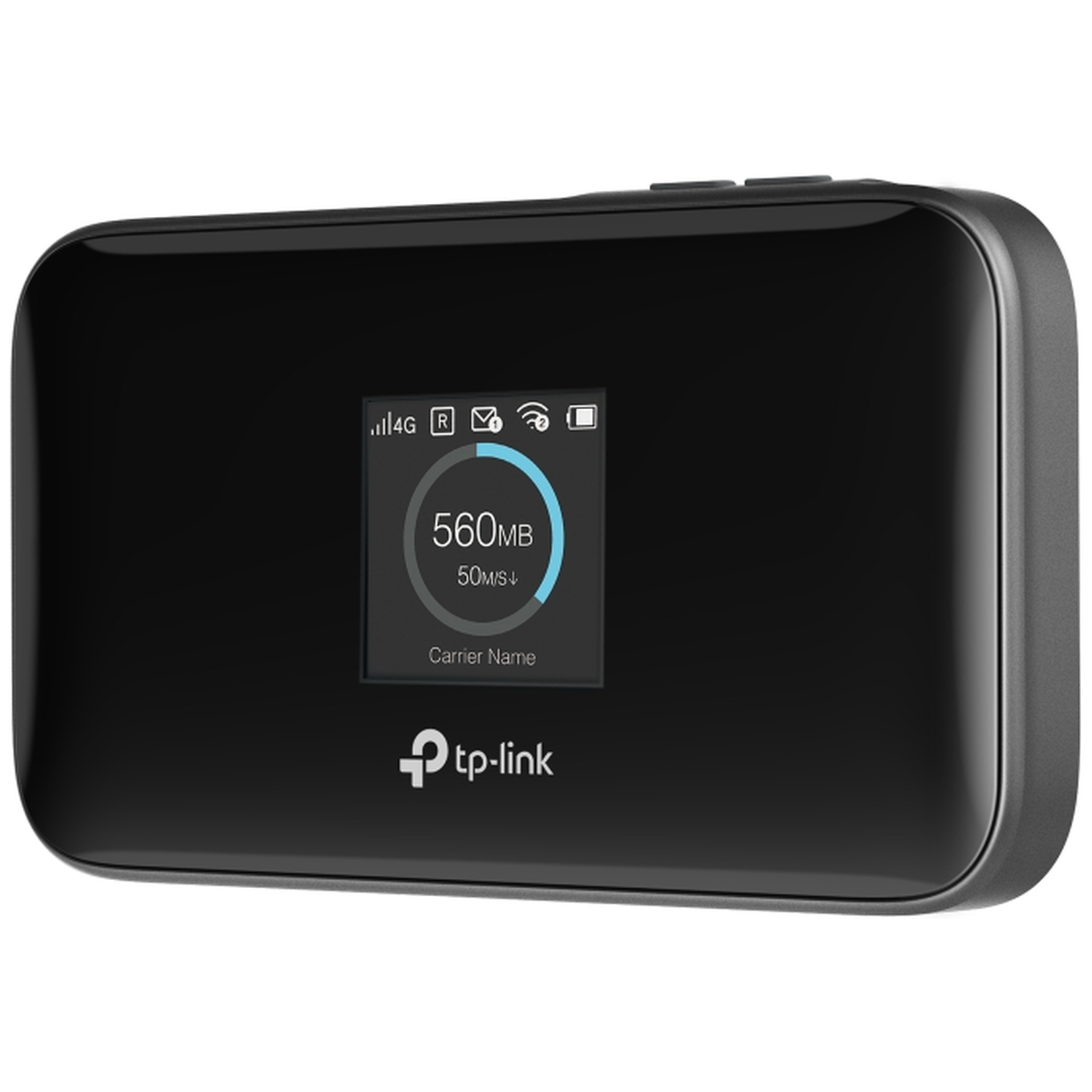Zwart TP-Link mobiel WiFi-apparaat toont 560MB dataverbruik en 50MB/s snelheid.