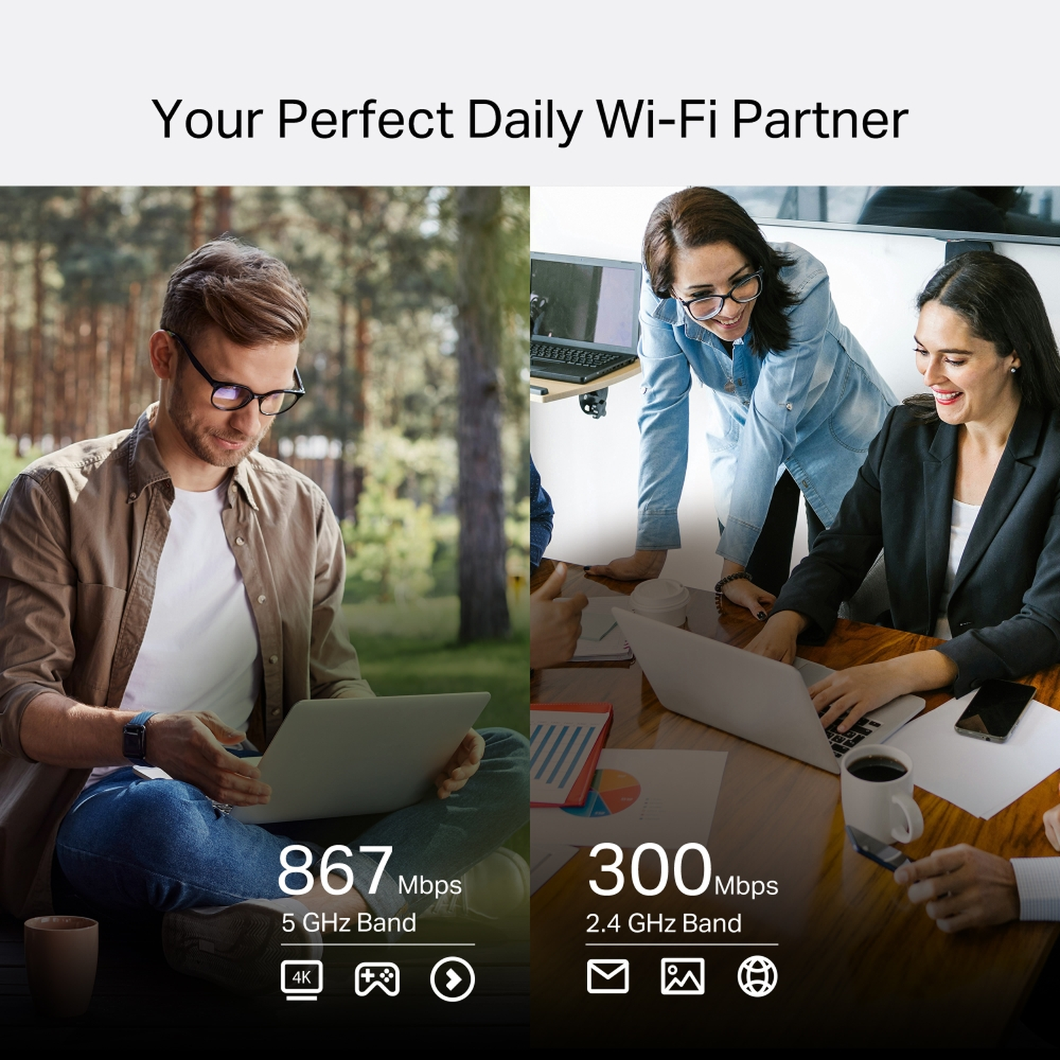 Man buiten met laptop; mensen op kantoor met laptops. Wi-Fi snelheden getoond.