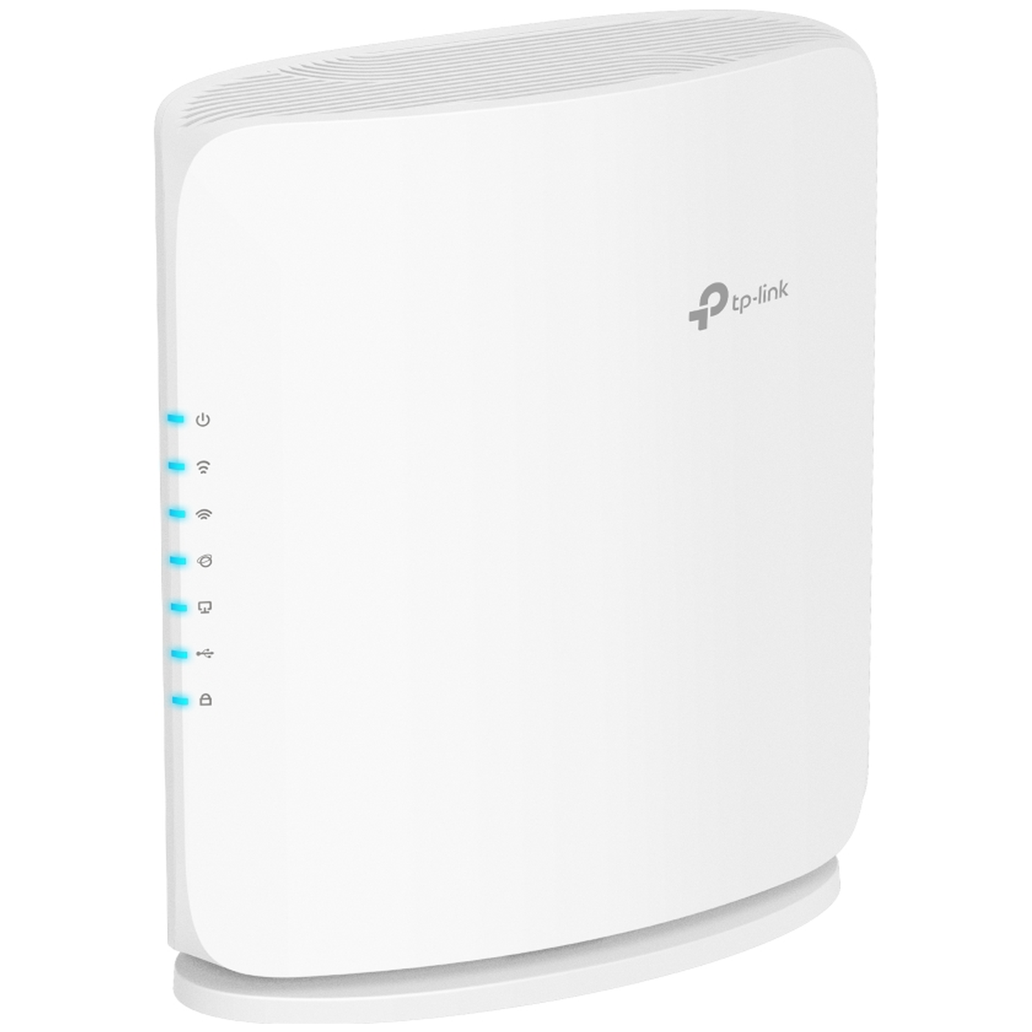 A white TP-Link router with blue LED indicator lights on its left side.