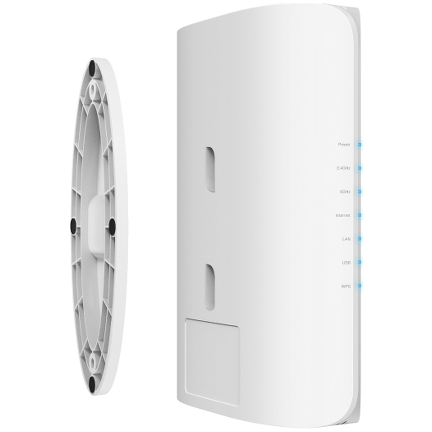 A white router and a white wall mount against a white background.