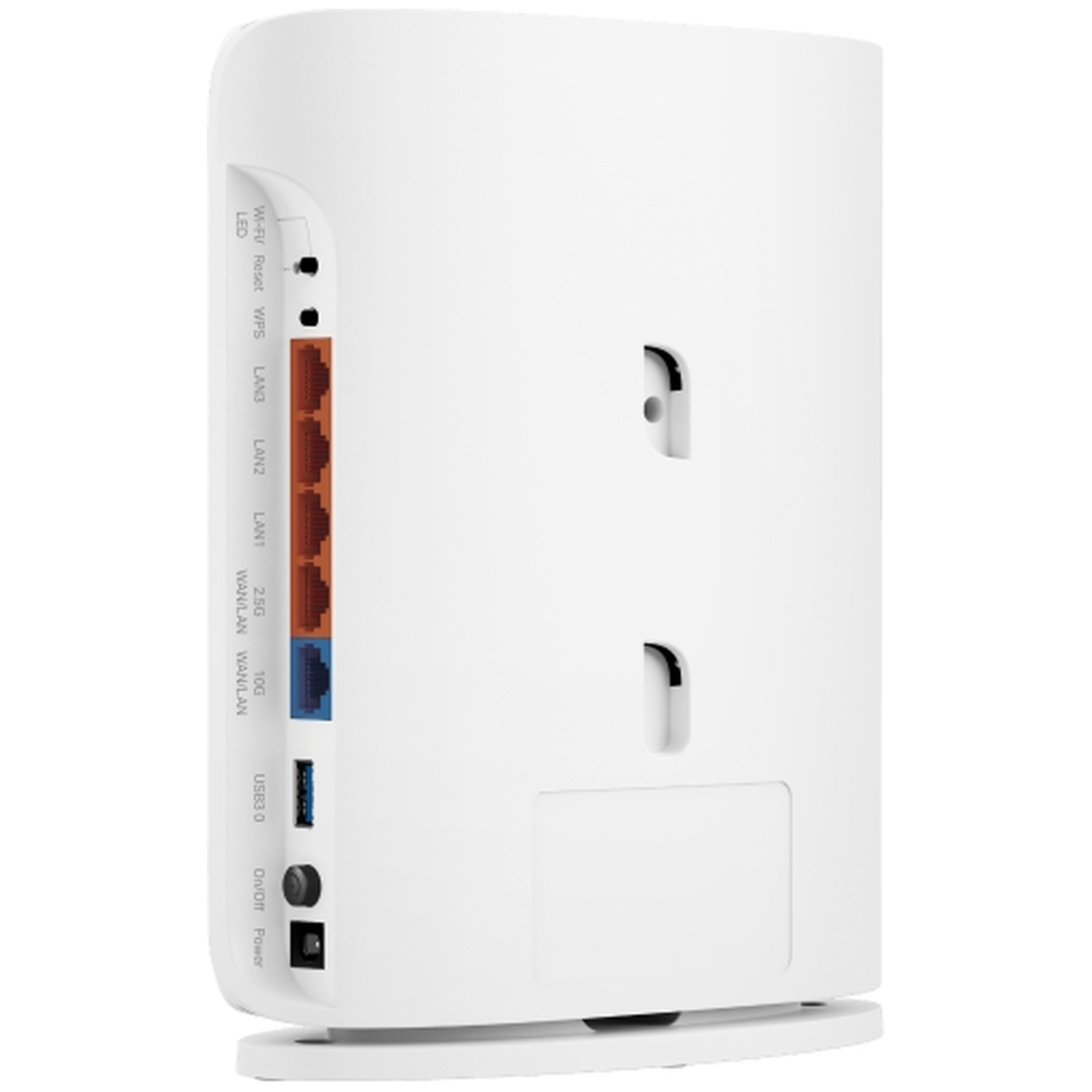 White router with ports: LED, WiFi, Reset, WPS, LAN1-3, 2.5G, 10G, USB3.0, Power.
