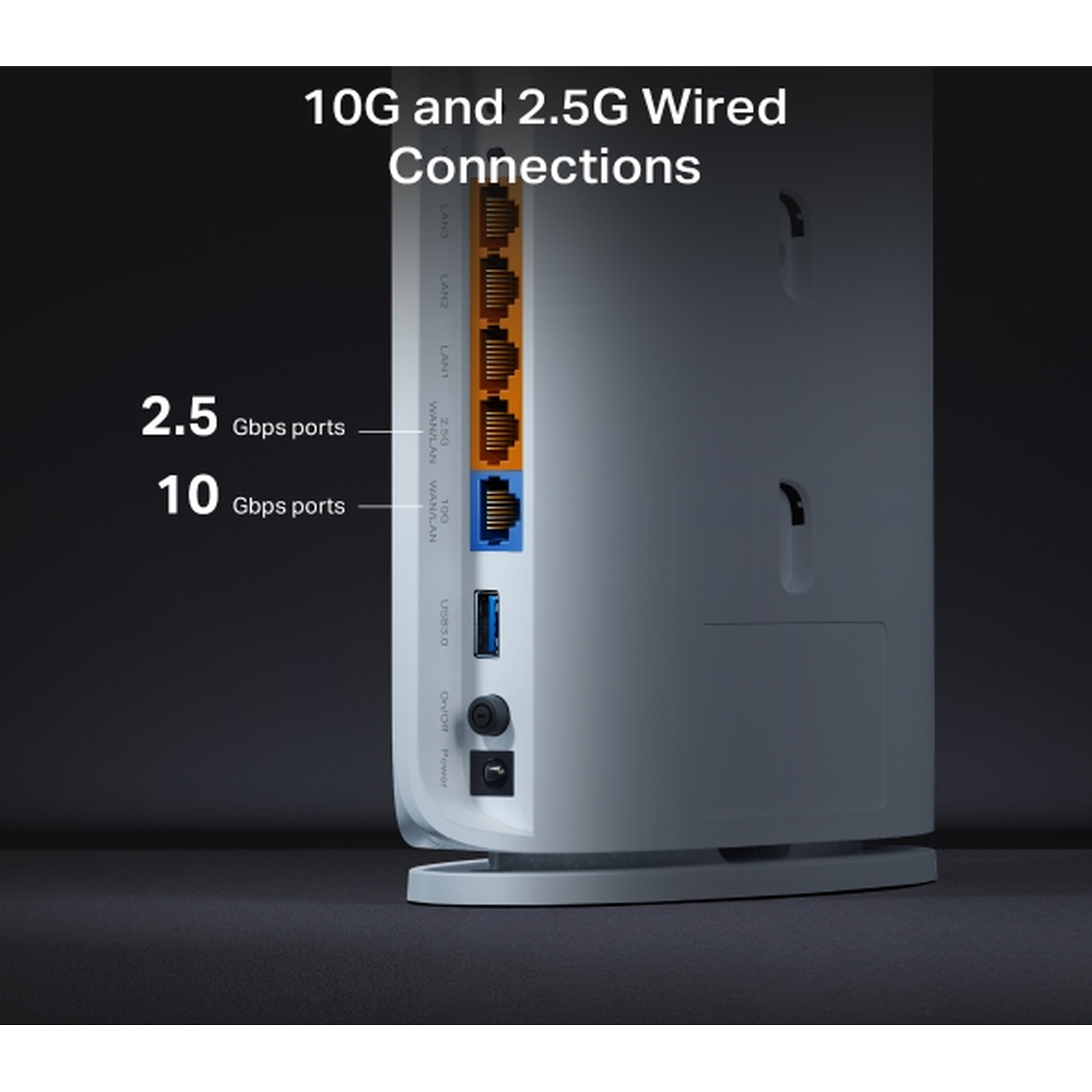 Router back panel showing 10G and 2.5G Ethernet ports, USB 3.0.