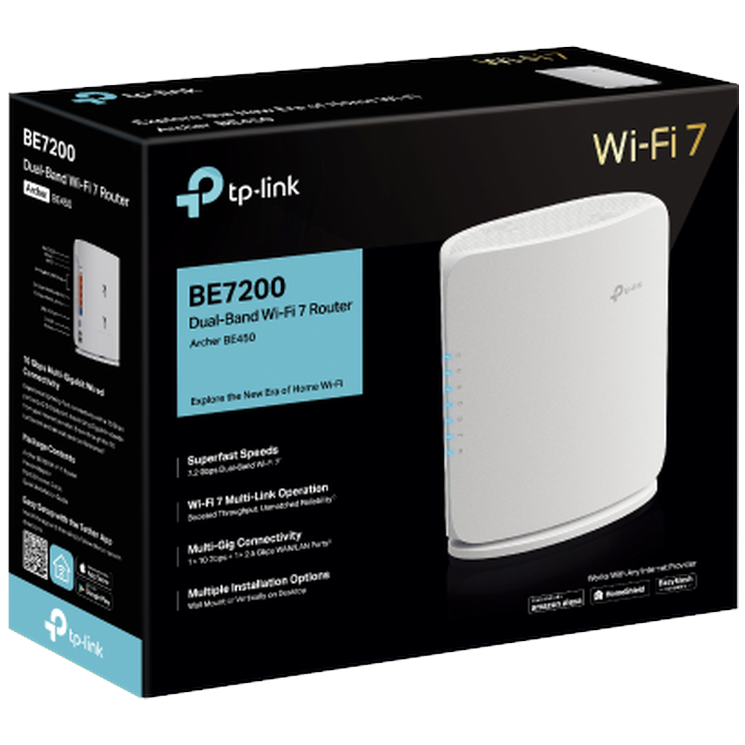 TP-Link BE7200 Wi-Fi 7 Router box showing router image and product details.