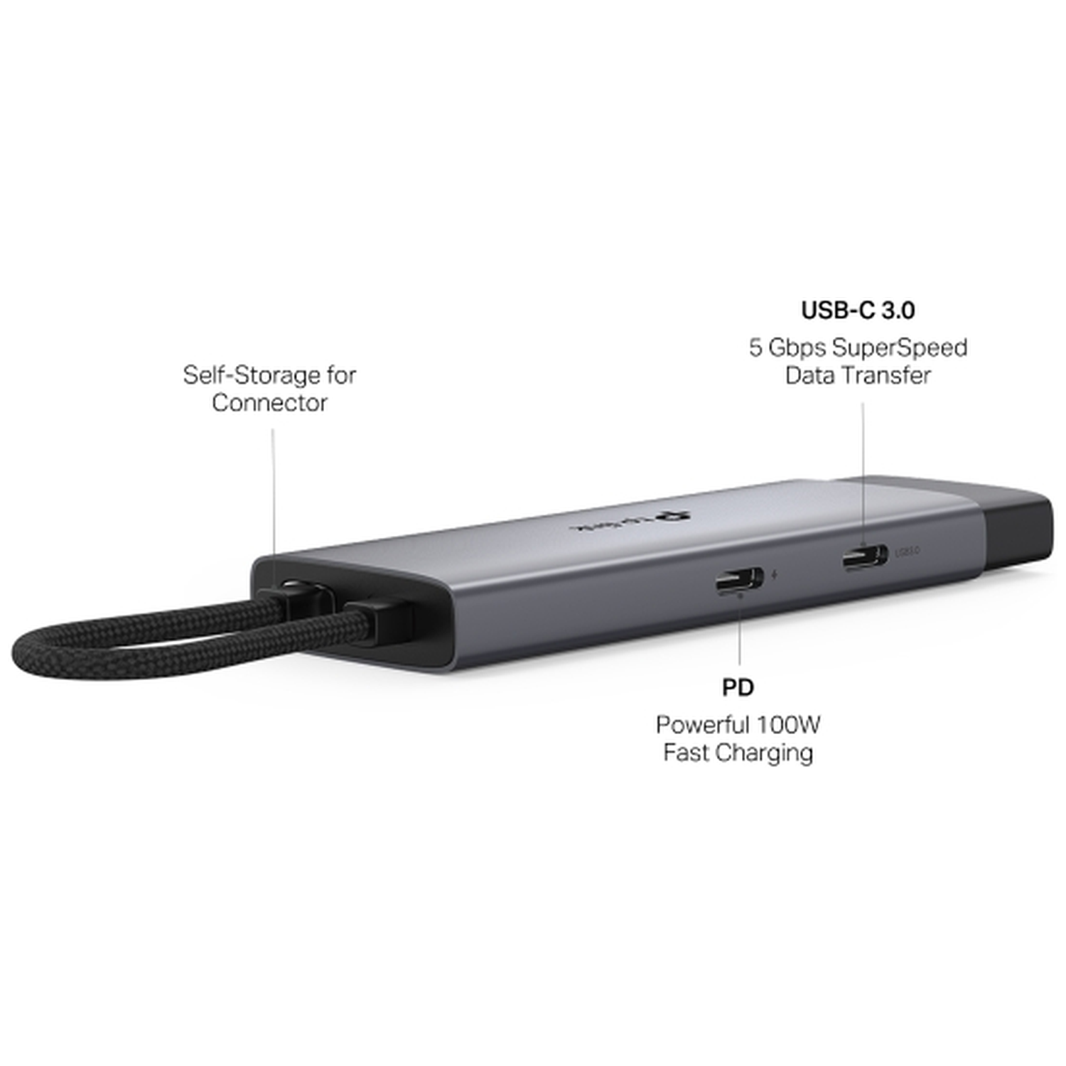 Grijze USB-C hub met twee kabels, poorten en tekstlabels.