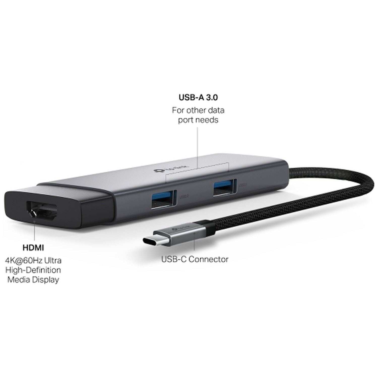 Grijze USB-C hub met HDMI-, USB-A 3.0- en USB-C-poorten.