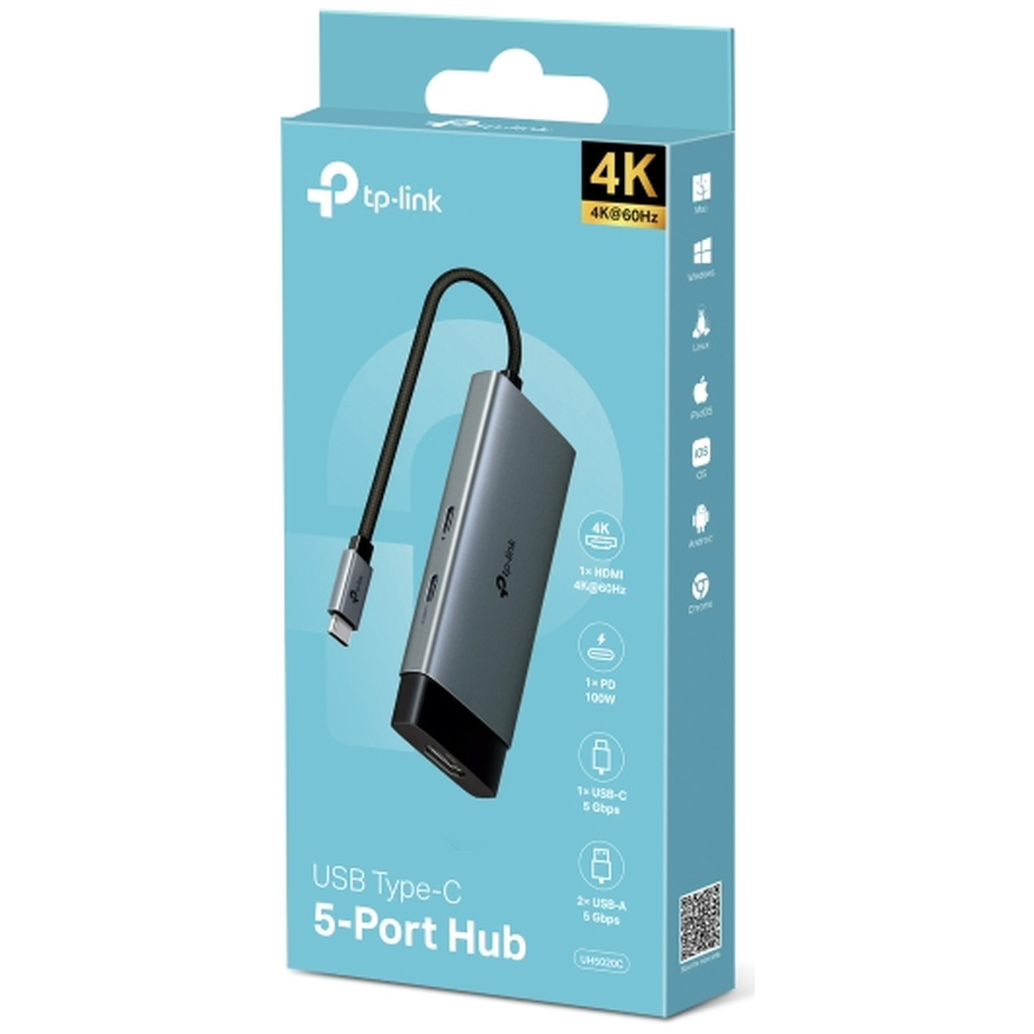 TP-Link USB-C 5-poorts hub met 4K@60Hz HDMI, PD, USB-C en USB-A poorten.