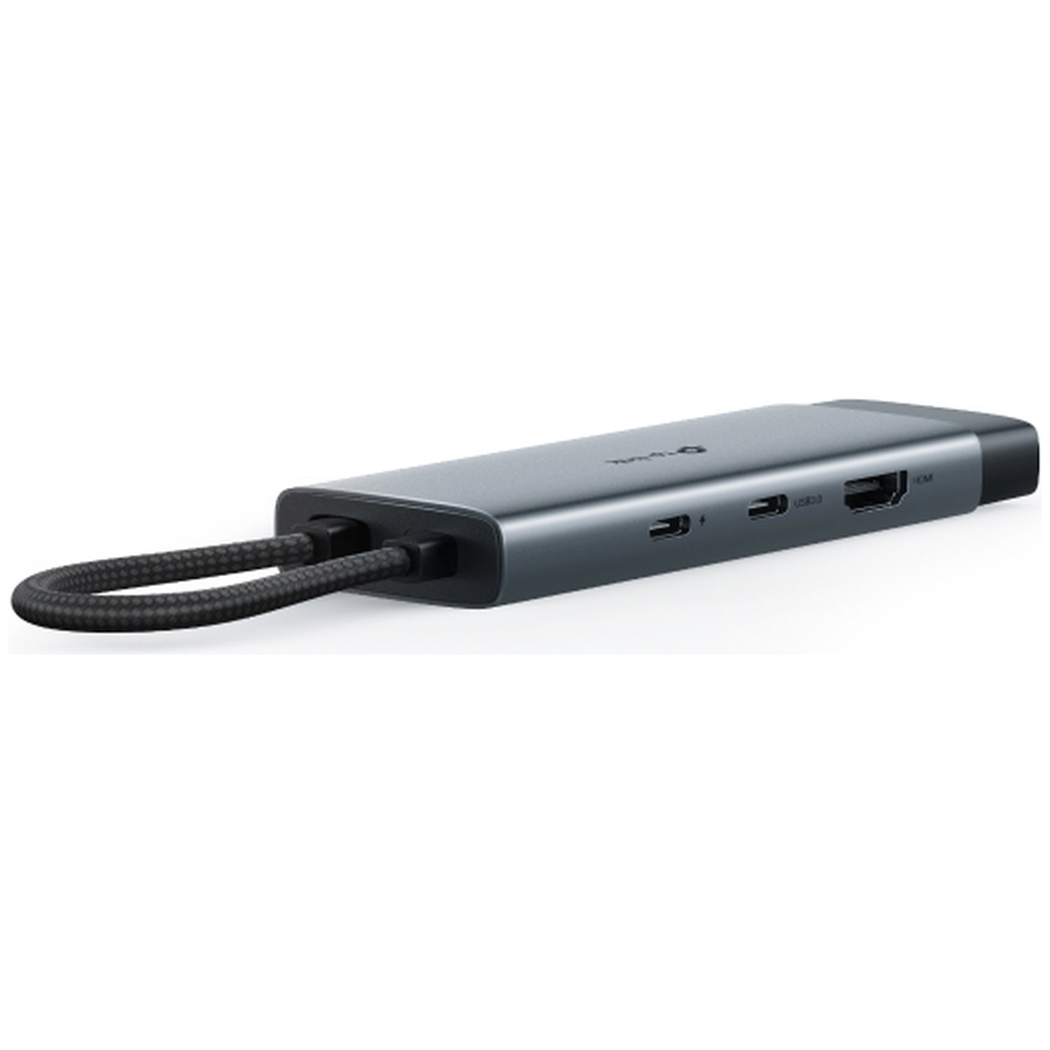 Grijze USB-C hub met HDMI, USB-A en USB-C poorten en gevlochten kabel.