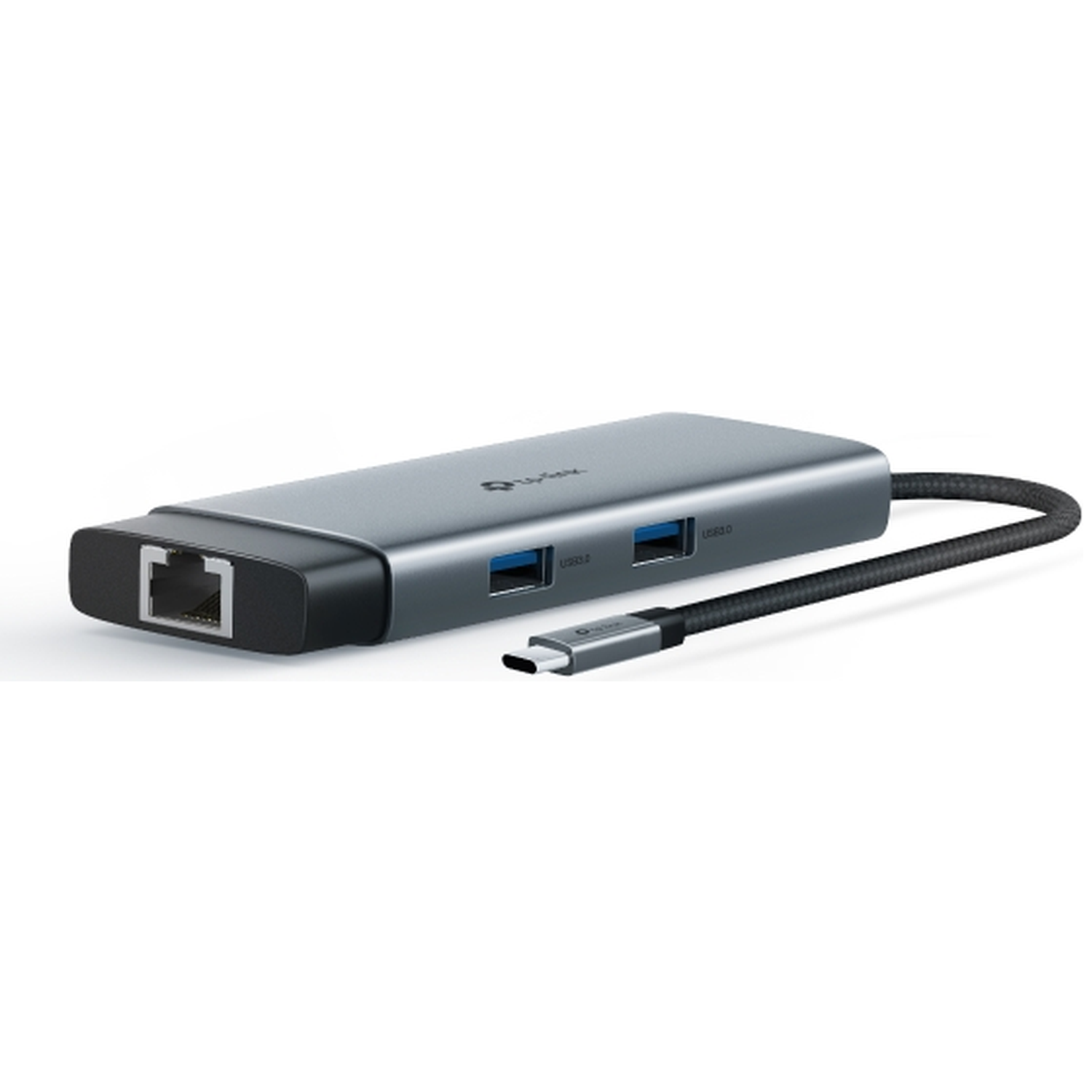 Grijze USB-C hub met Ethernetpoort en twee USB-A-poorten.