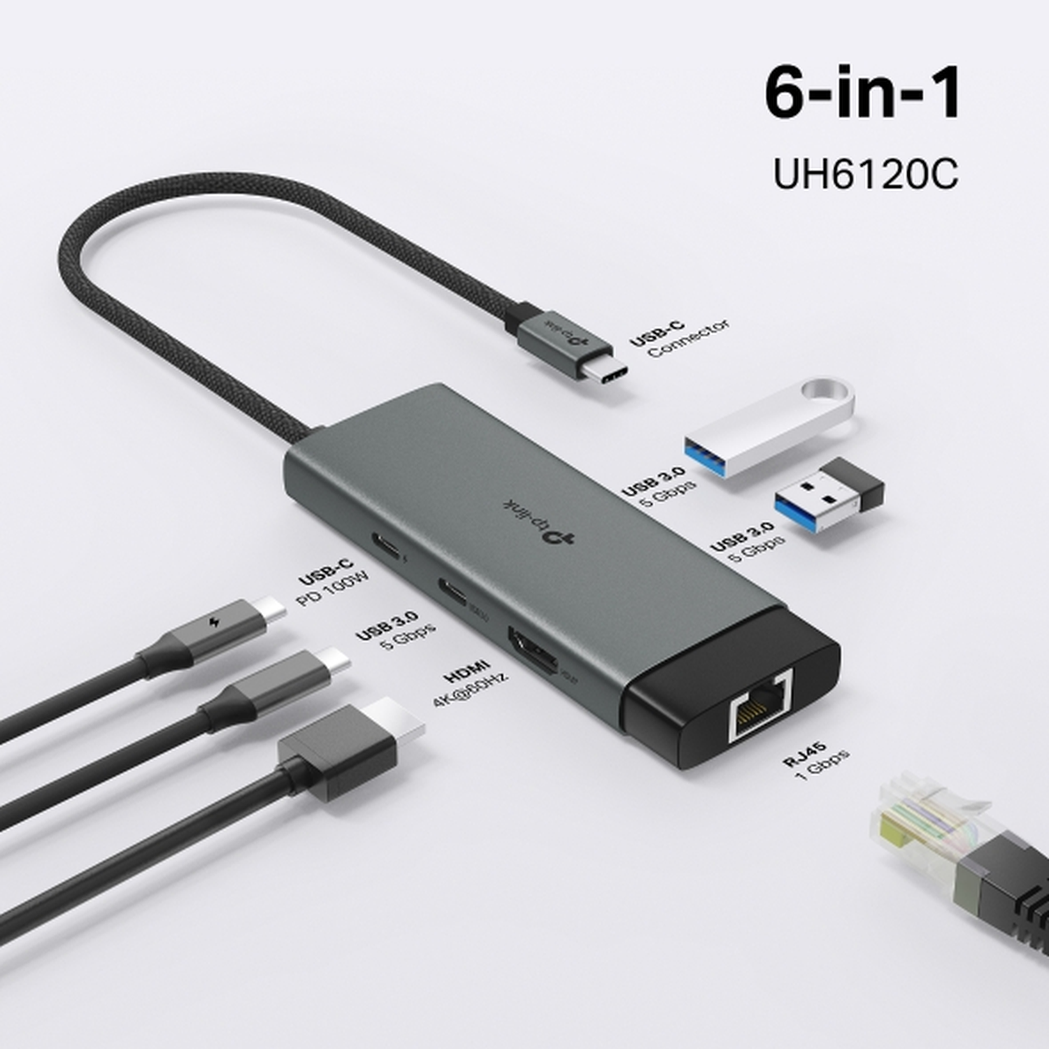 Grijze 6-in-1 USB-C hub met poorten: USB-C PD, 3x USB 3.0, HDMI, RJ45.