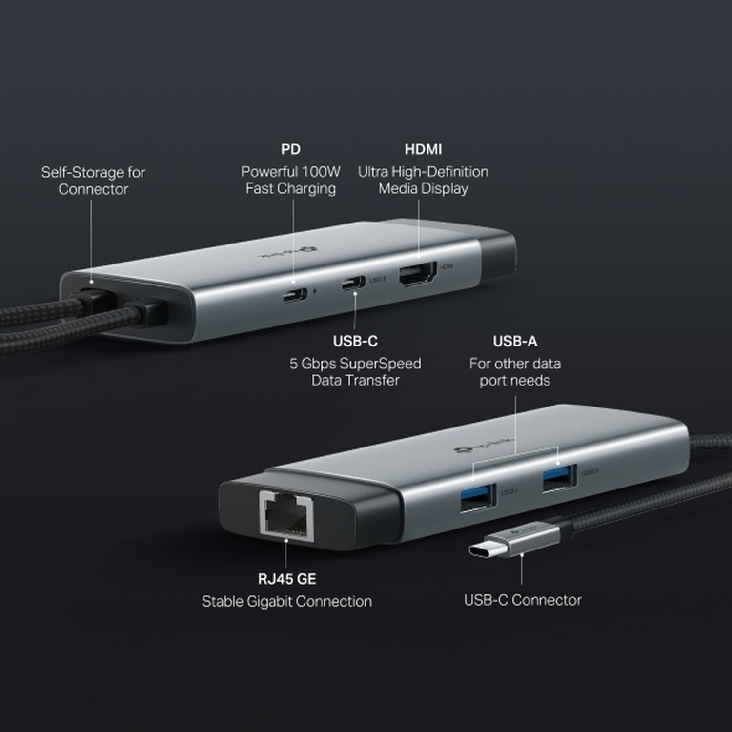 Een zilveren USB-C hub met PD, HDMI, USB-C, USB-A en RJ45 poorten.
