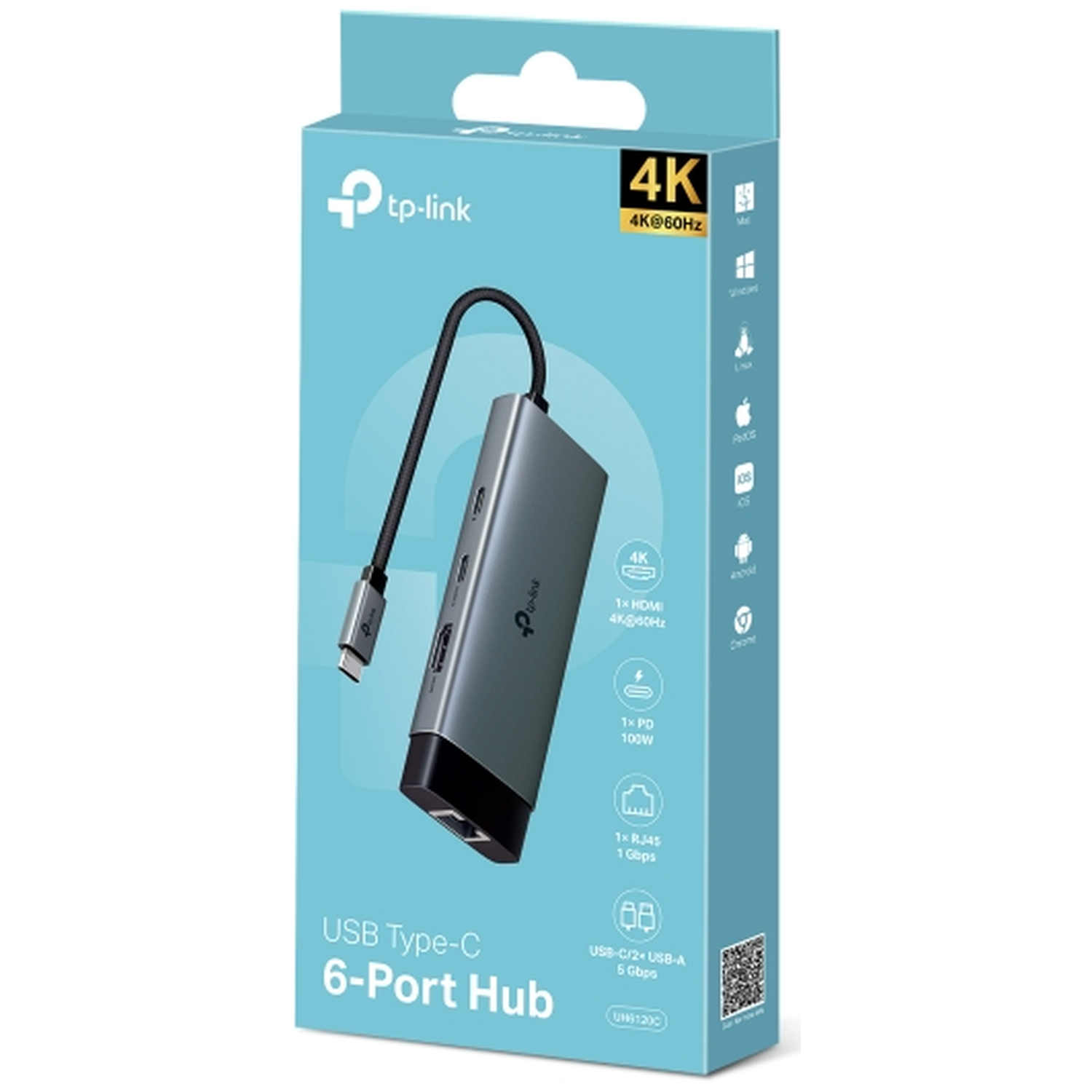 TP-Link USB-C 6-poorts hub met HDMI, PD, RJ45 en USB-A poorten.
