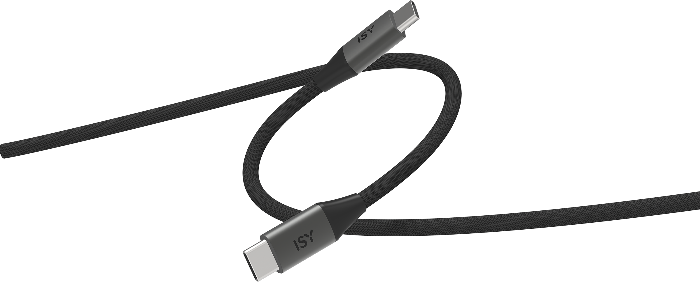 Ein schwarzes USB-C-Kabel mit zwei Anschlüssen, das auf einem grauen Hintergrund liegt.